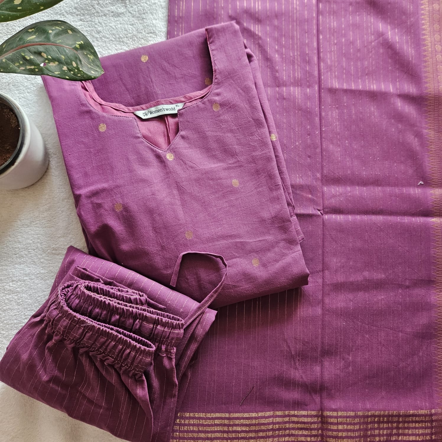 HC0048-Handloom Cotton with zari -3-piece set (Purple)