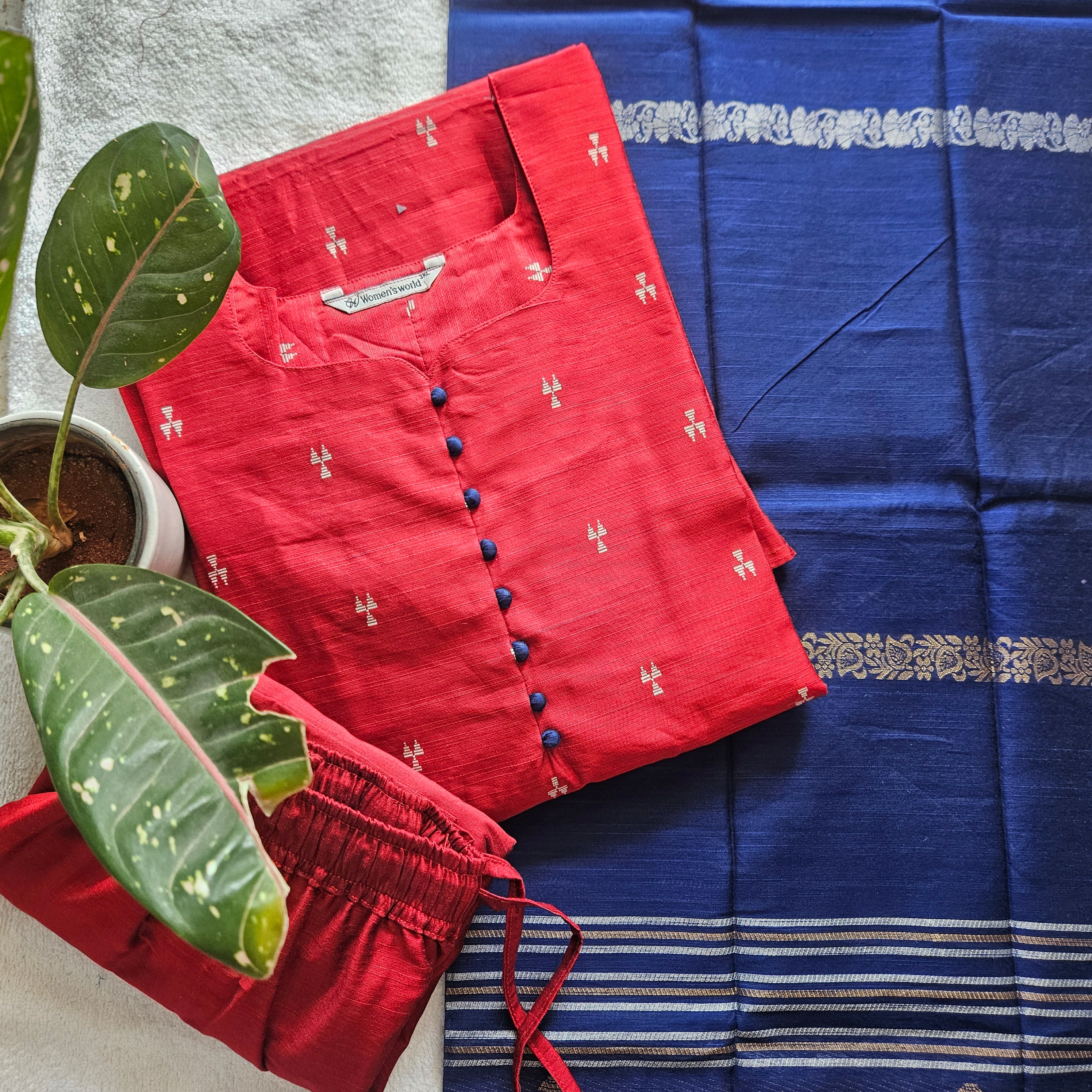 RS0022- Raw silk (Red with Navyblue) -3- piece set with full Linning