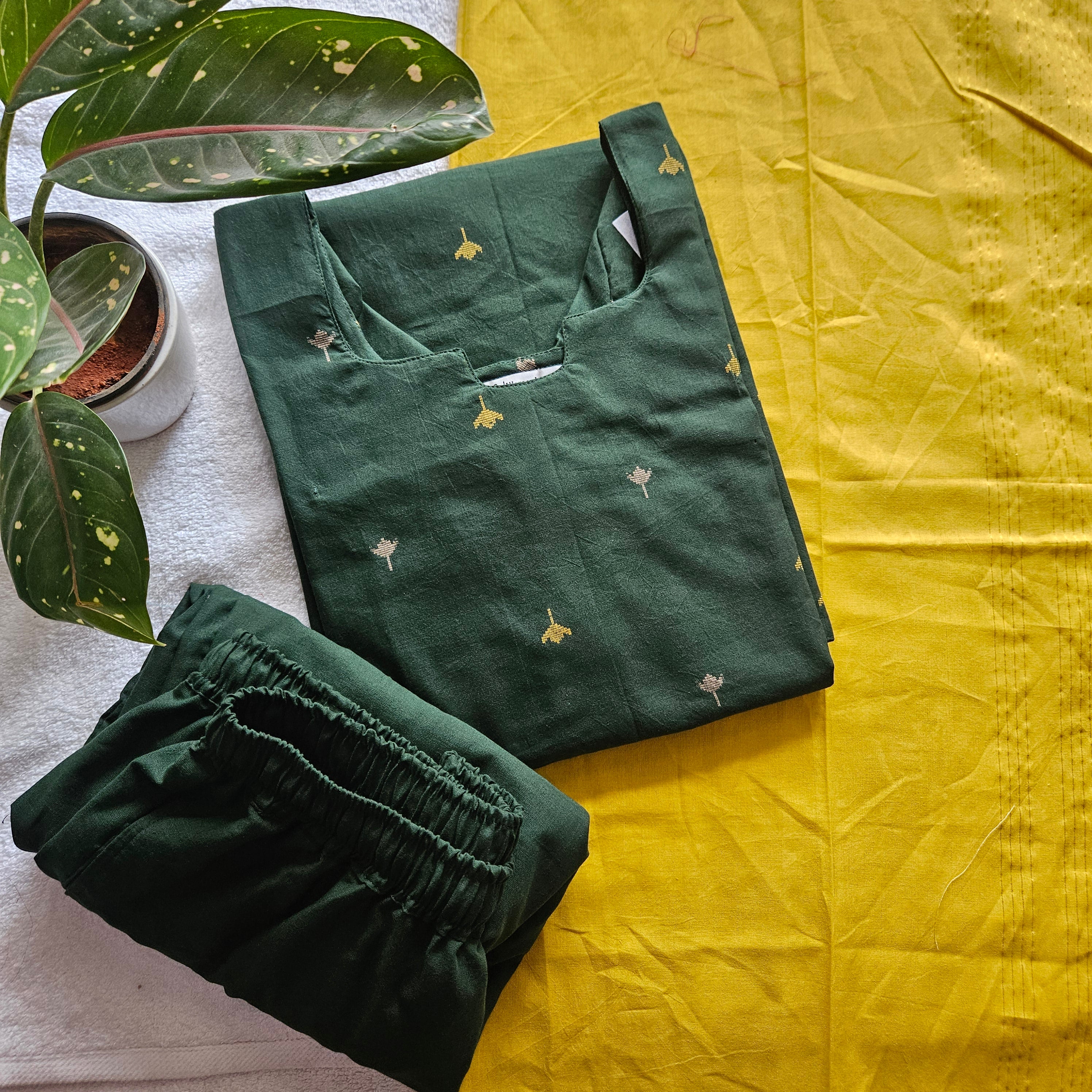 HC0051 - Handloom cotton-3-piece set (Dark green with Yellow)