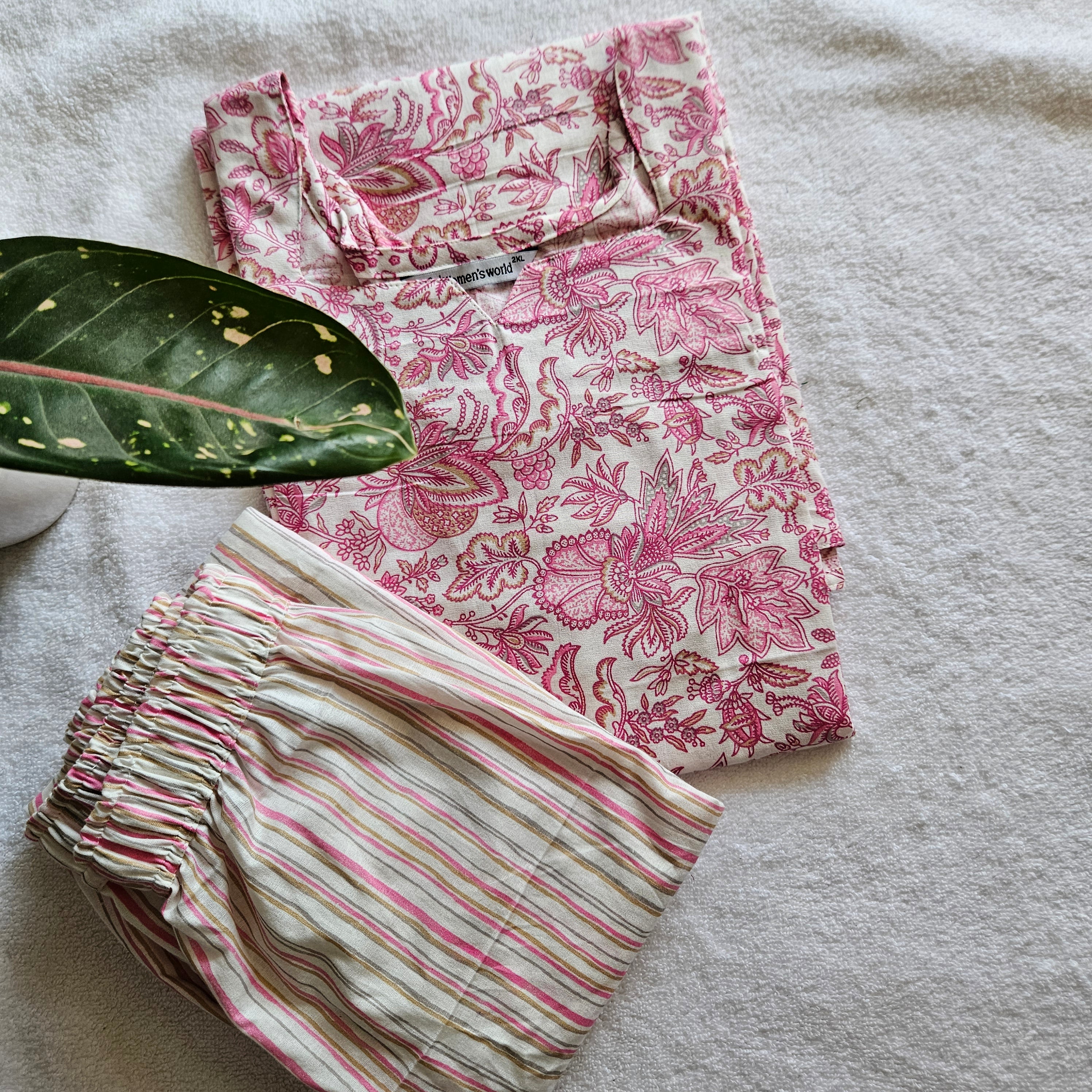 2-Piece Co-Ord set-JC0074-Jaipuri cotton (White with pink)