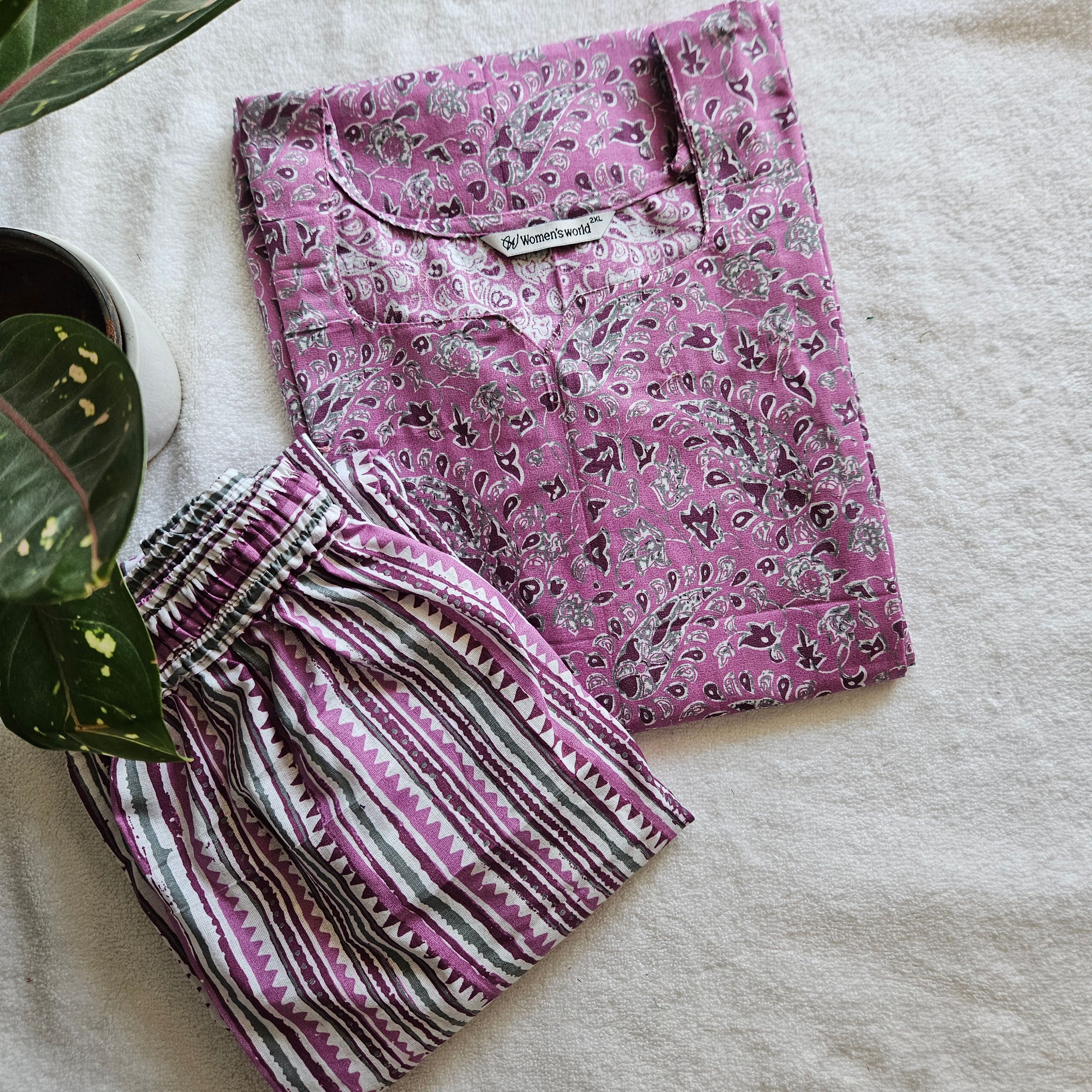 2-Piece Co-Ord set-JC0076-Jaipuri cotton (Pink with Purple)