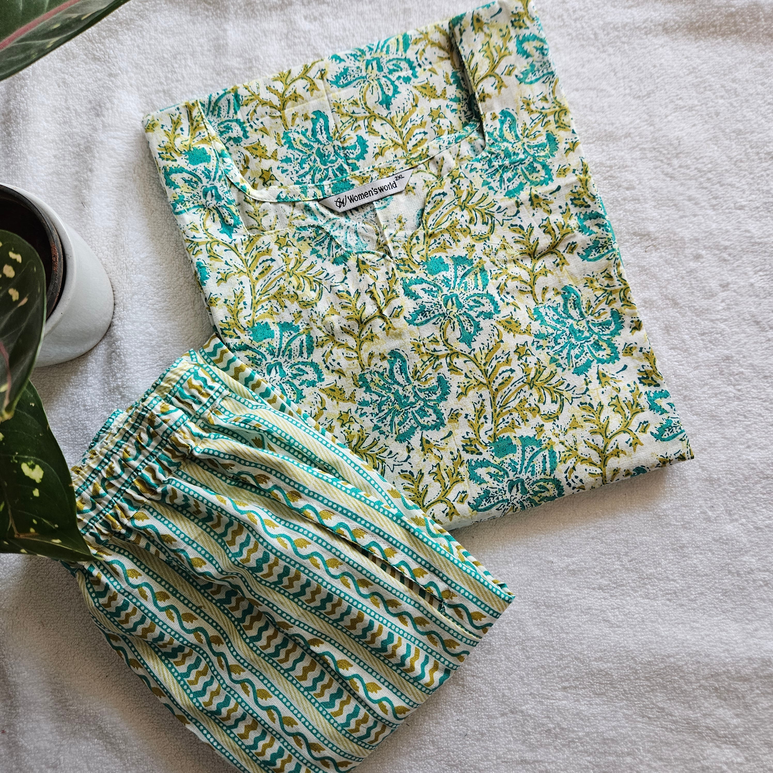 2-Piece Co-Ord set-JC0073-Jaipuri cotton (Lime green with blue flower design)