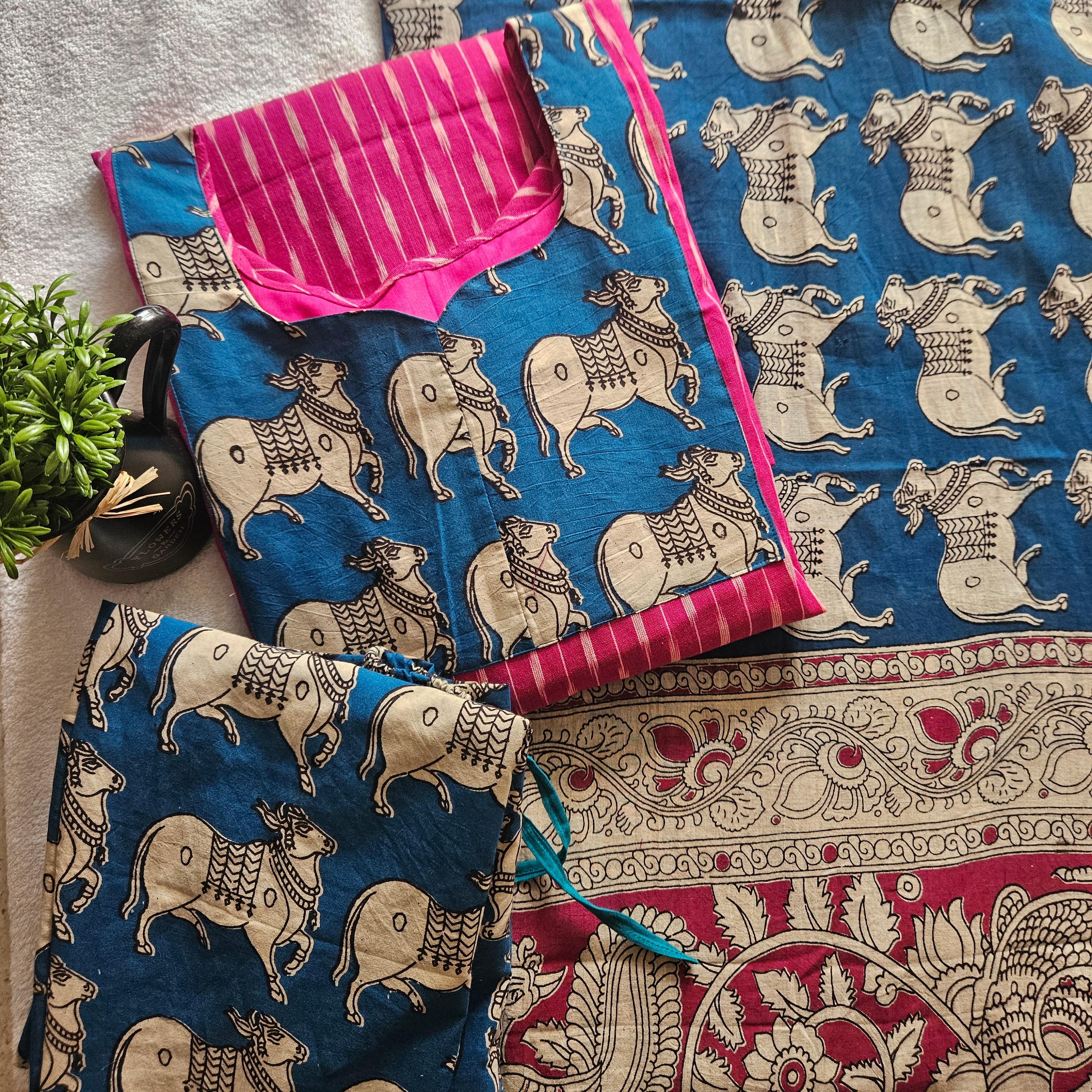IKK0035 - Ikkat Kalamkari (Pink With Blue) - 3 piece set