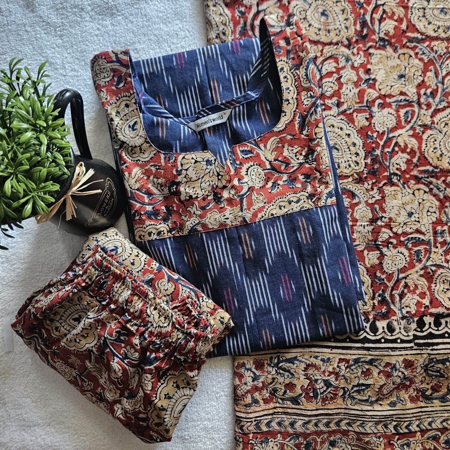 IKK0036 - Ikkat Kalamkari (Blue with Sandal) - 3 piece set