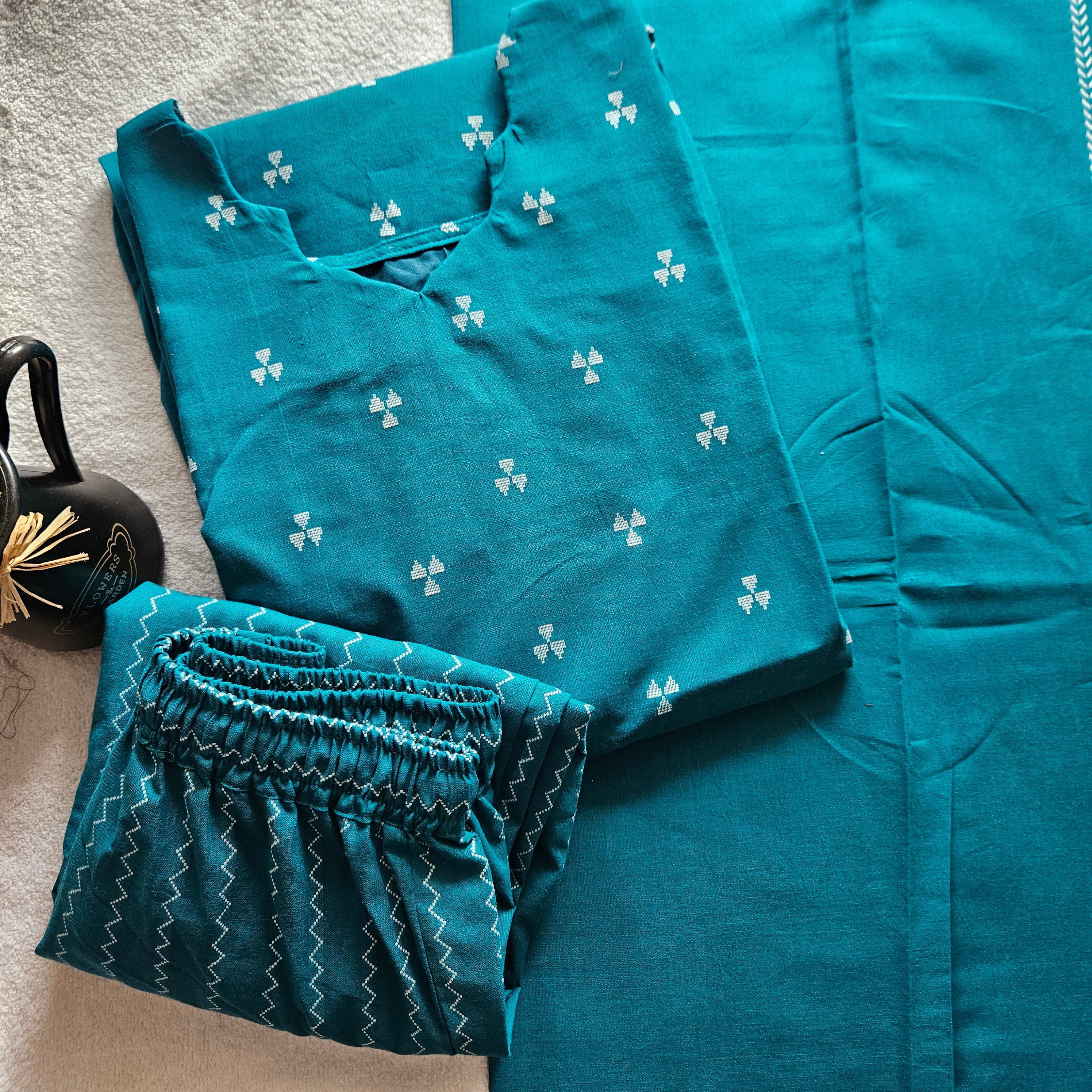 HC0056 - Handloom cotton-3-piece set (Teal Blue)