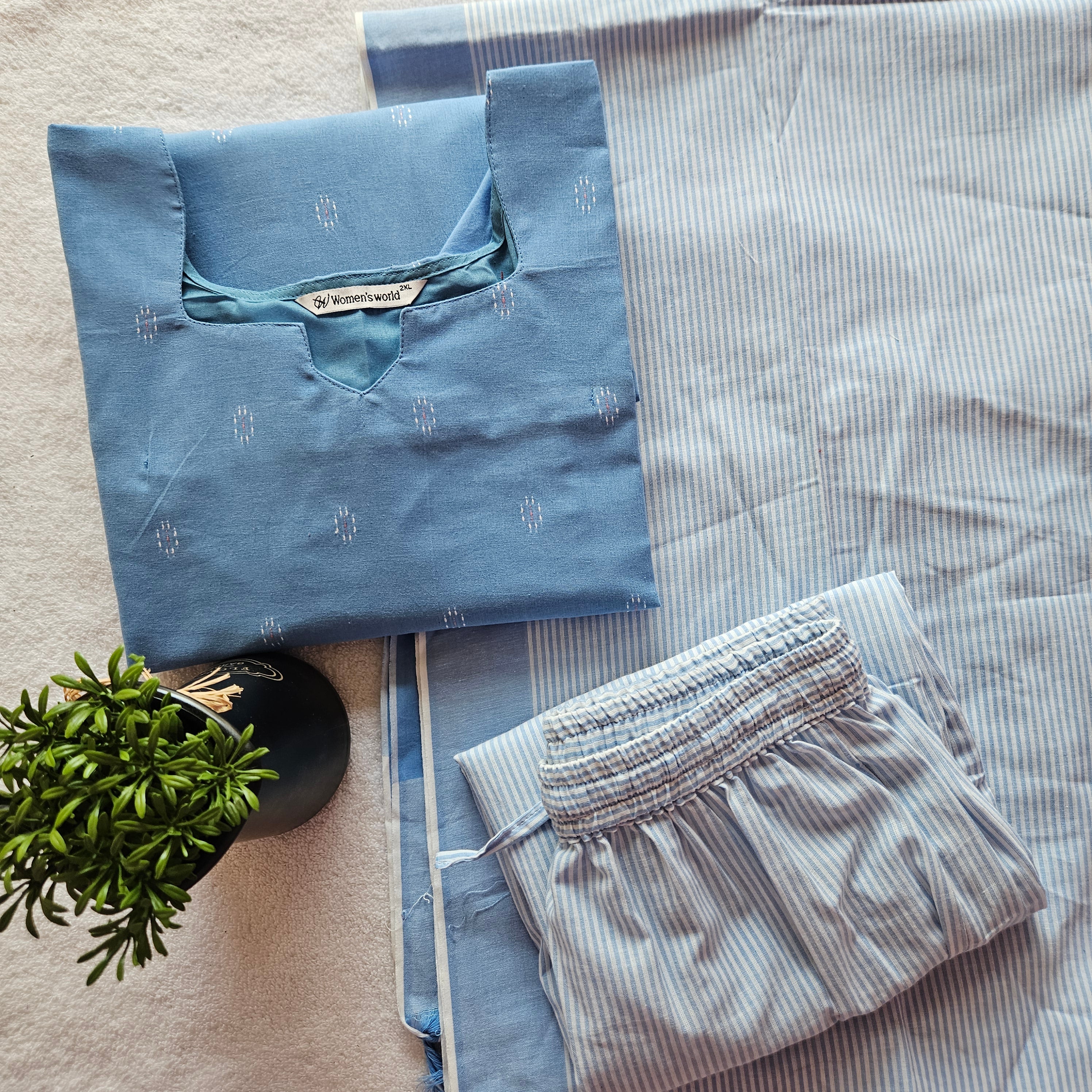 HC0060 - Handloom cotton-3-piece set (Blue)