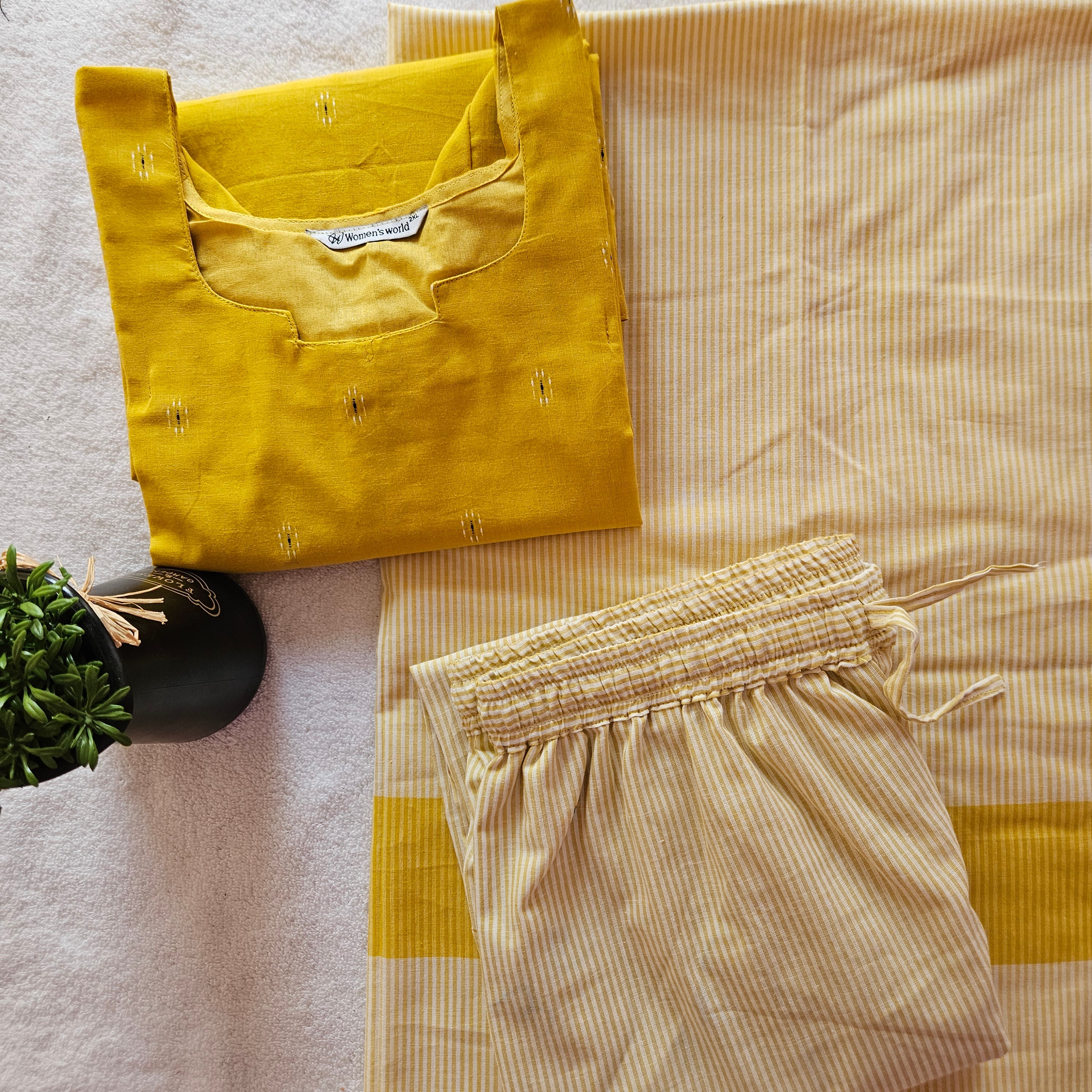 HC0059 - Handloom cotton-3-piece set (Yellow)