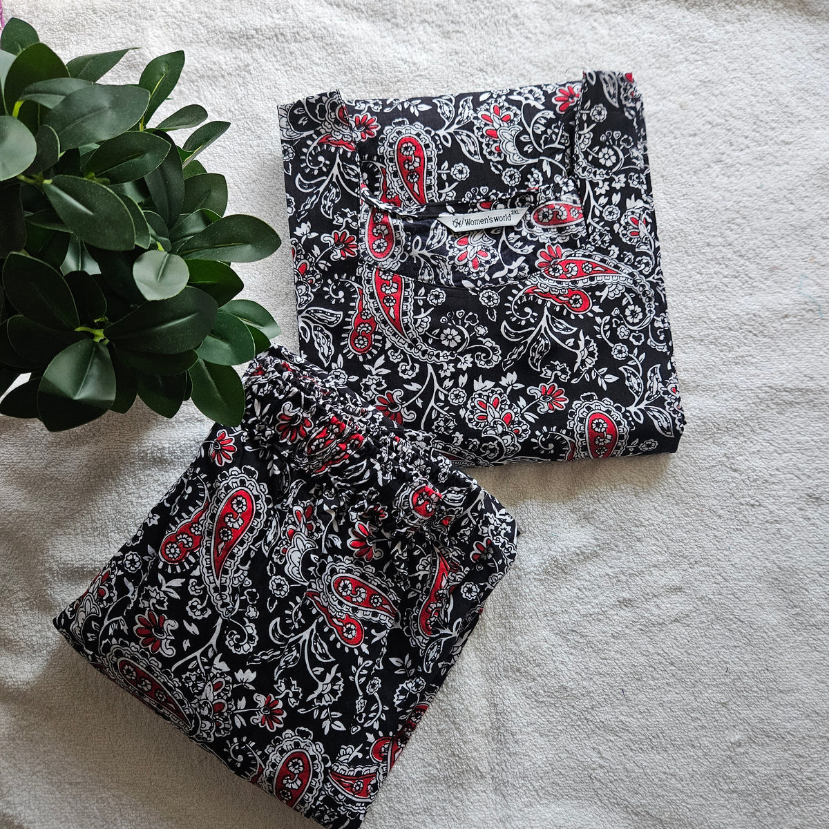 JC0191 - Jaipur Cotton Co-ord 2 Piece - Black Red and Off White