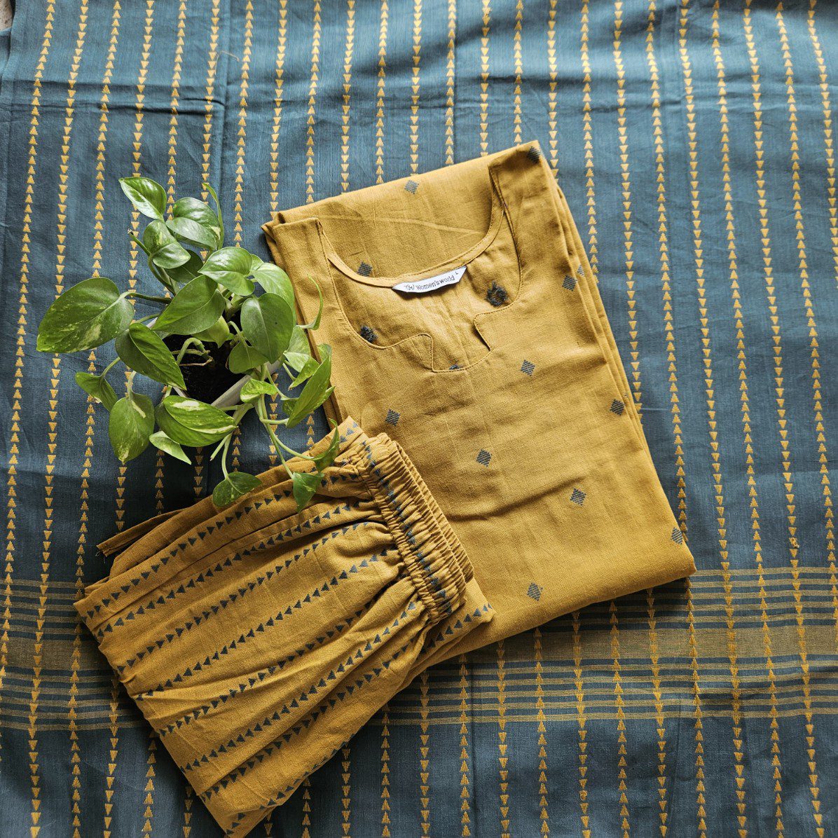 HC007-Handloom cotton Yellow with green 3- piece set