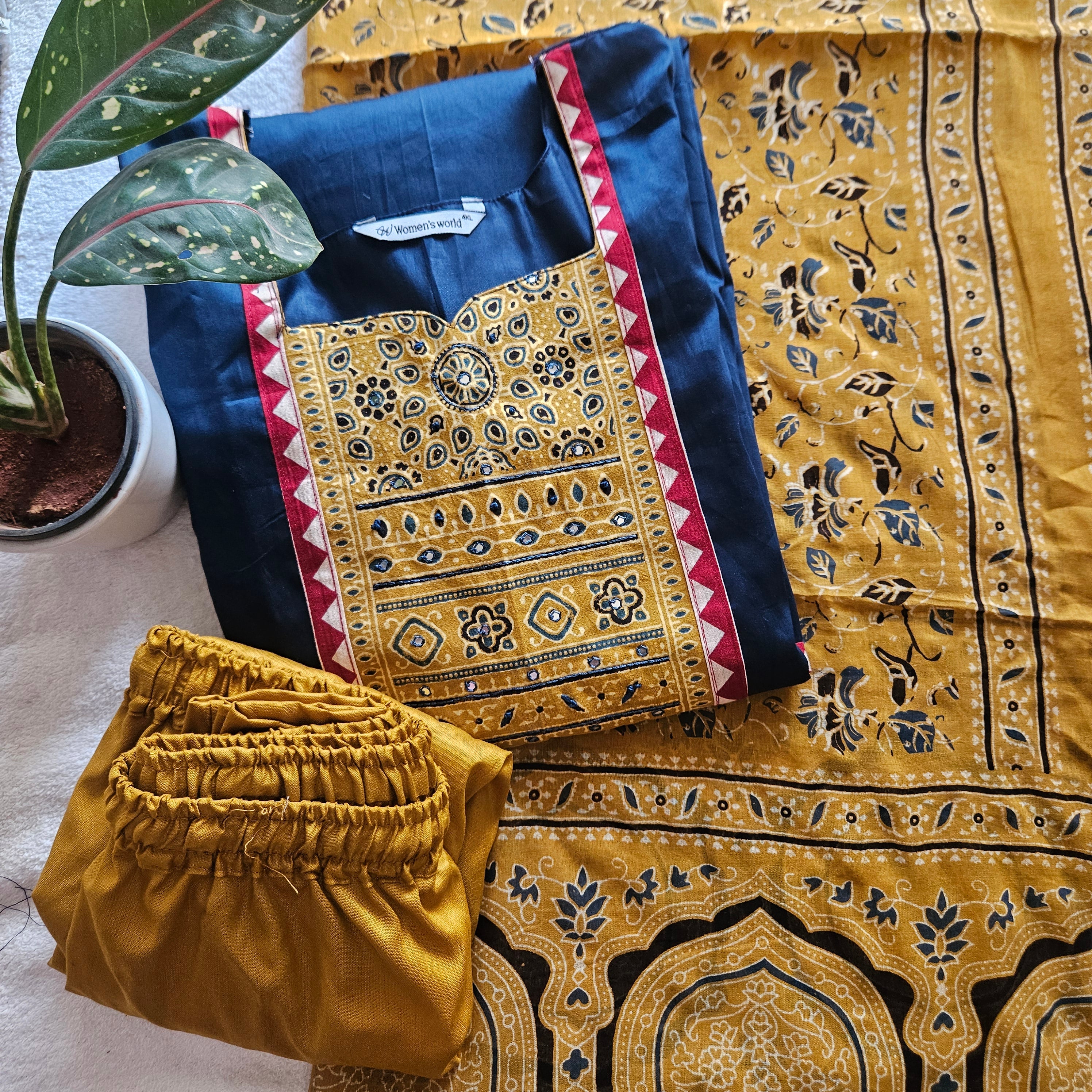 MMC0001-Mulmul cotton (Blue with yellow )-3-piece set