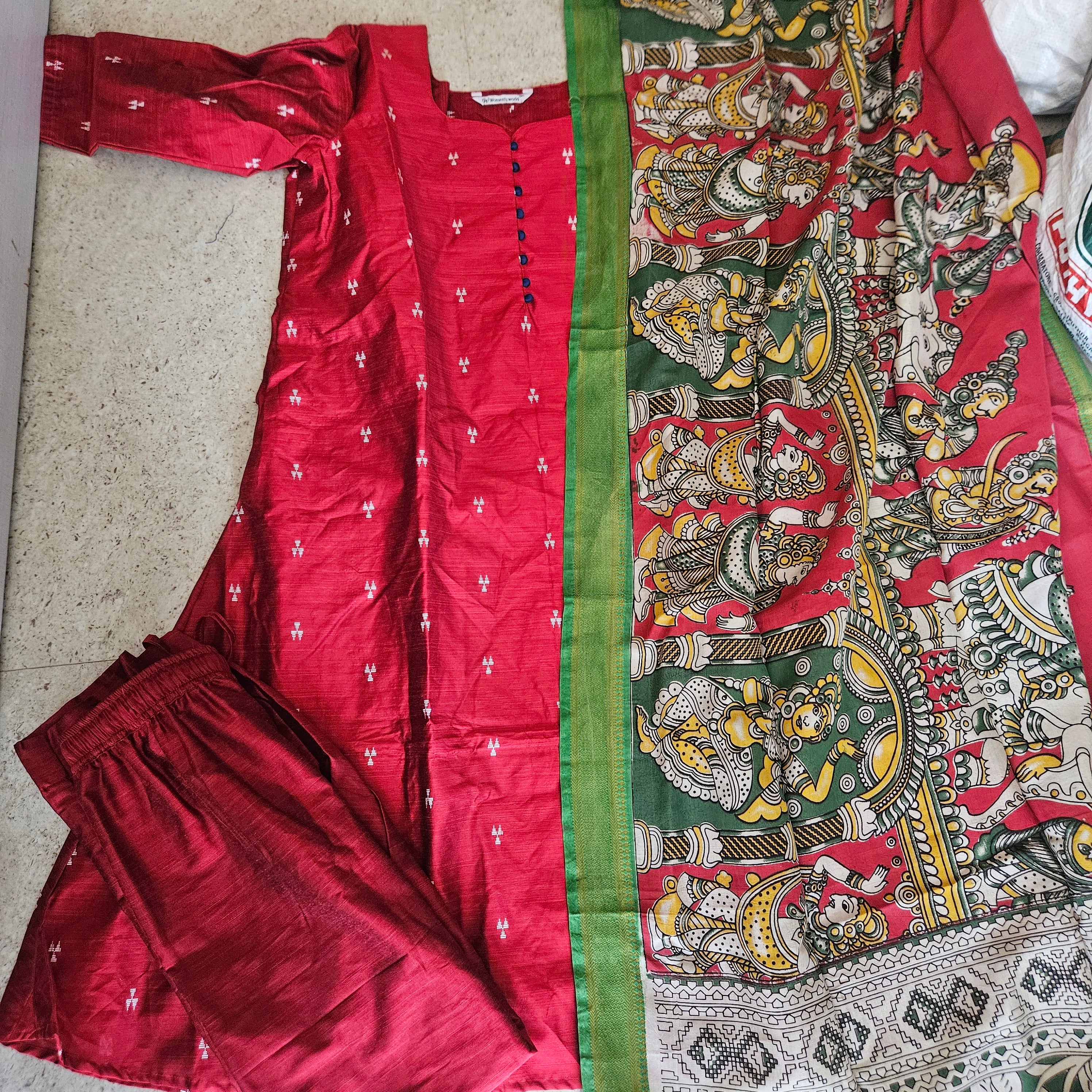 RS0023- Raw silk with Kalamkari Dupatta (Red) -3- piece set with full Linning
