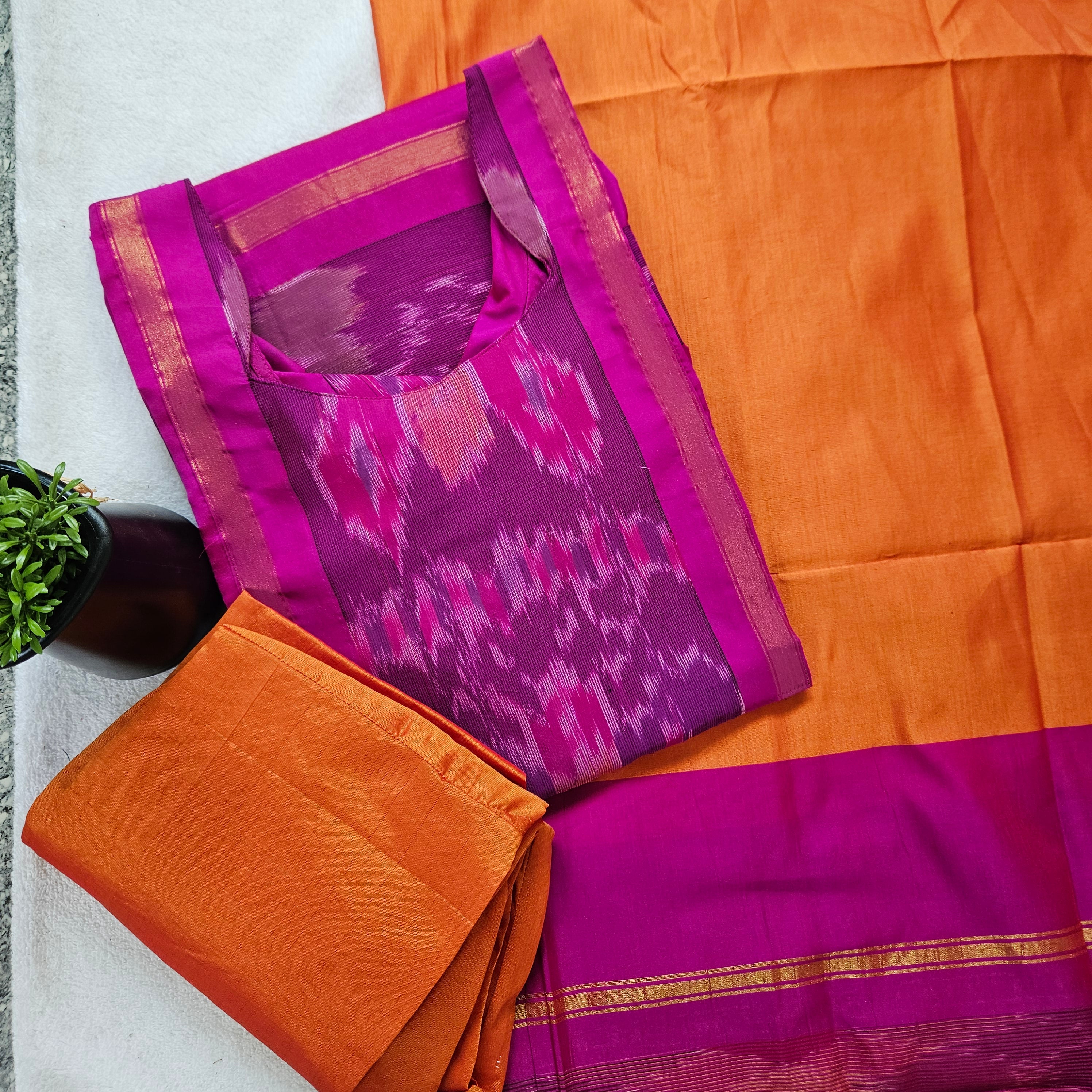 IKK0039 - Ikkat Silk (Pink With Yellow) - 3 piece set