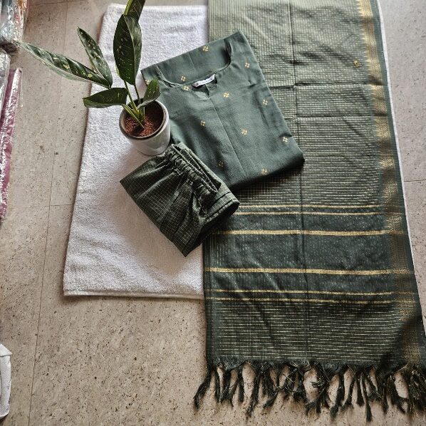 HC0012-Handloom Cotton-3-piece set with Zari