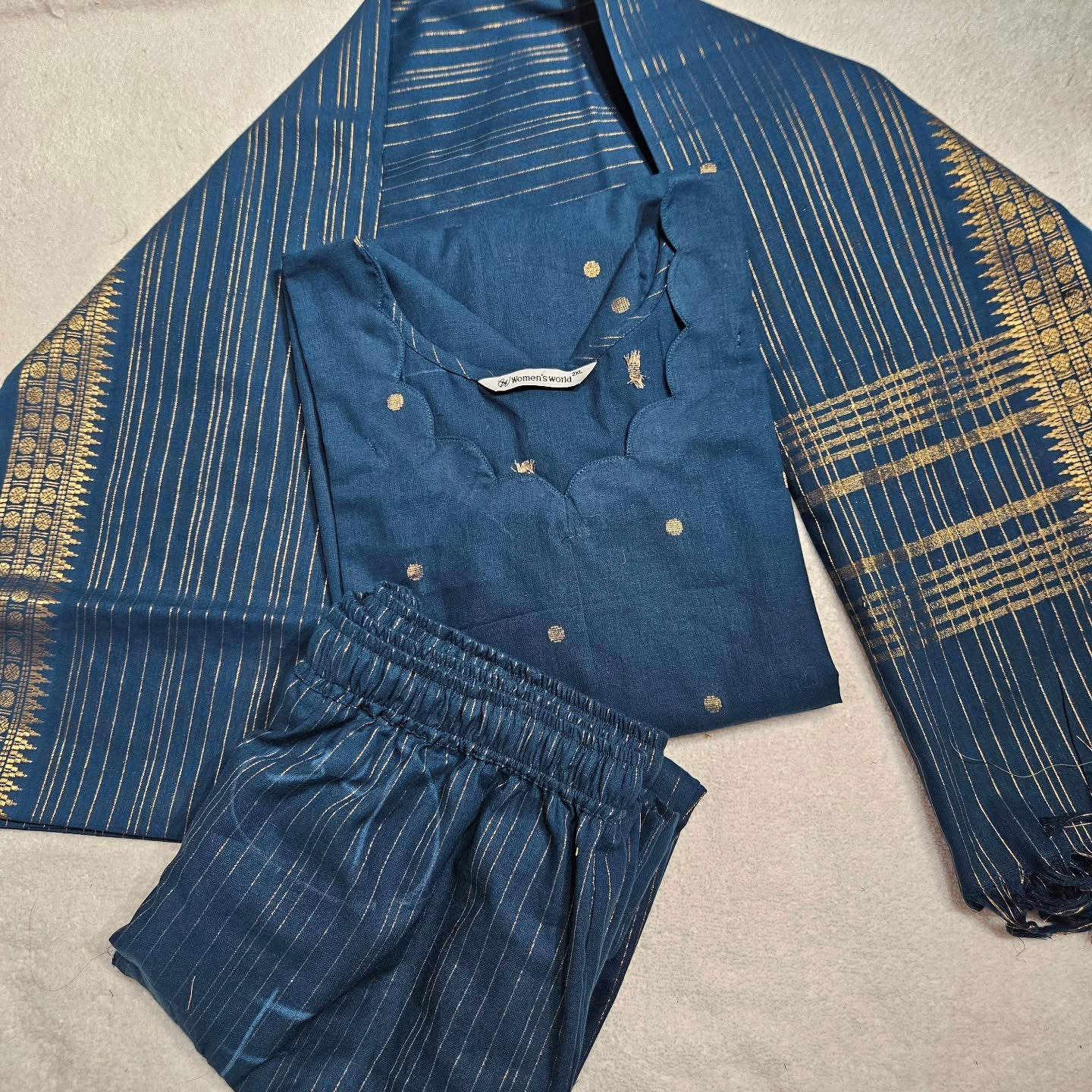 HC0055 - Handloom cotton-3-piece set (Dark Teal Blue)