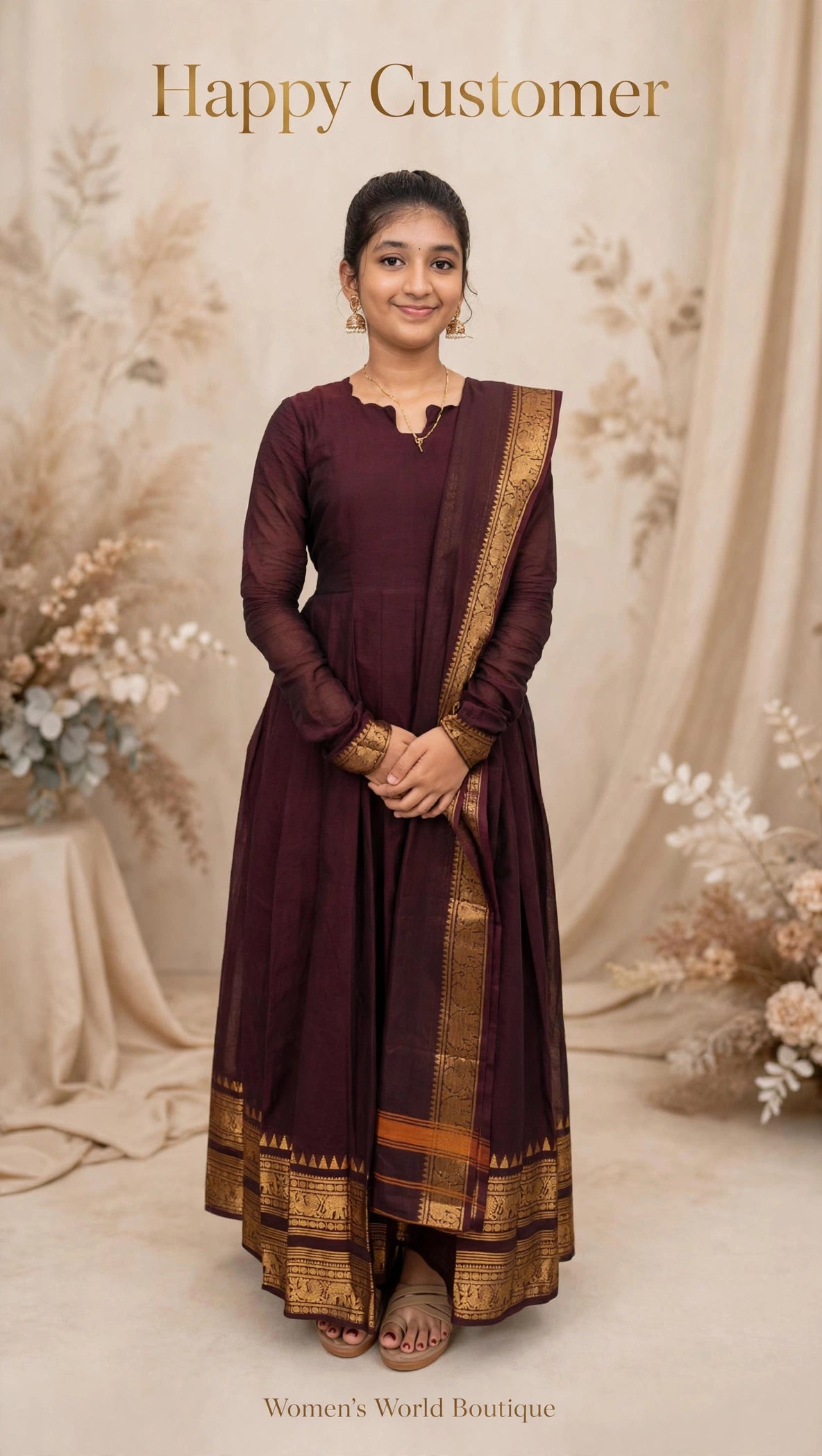 MMC0003- Wine Brown Chettinadu Cotton Anarkali Frock with Dupatta - 12" zari border