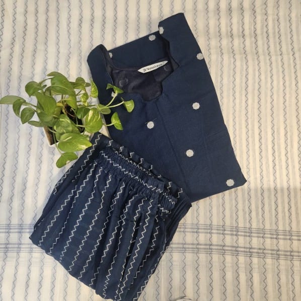 HC008-Handloom cotton (Navy blue with white) 3- piece set