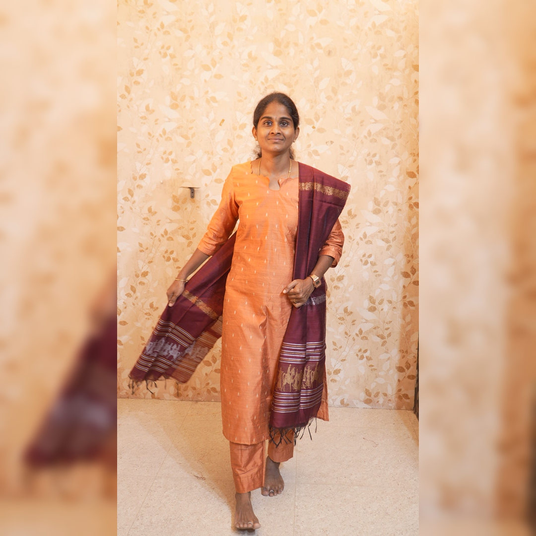RS0024-Raw silk (Orange with Merun) 3 piece set with linning