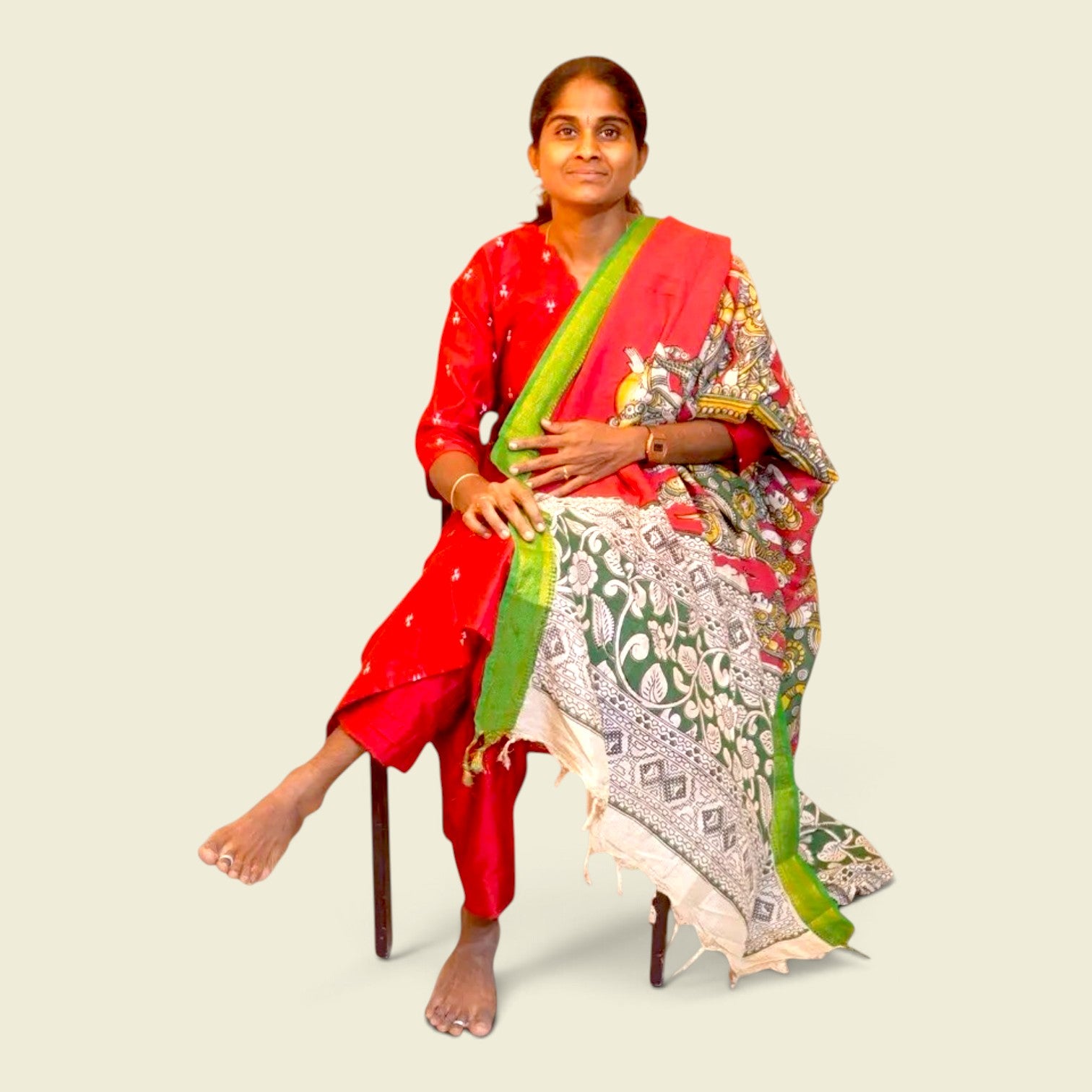 RS0023- Raw silk with Kalamkari Dupatta (Red) -3- piece set with full Linning