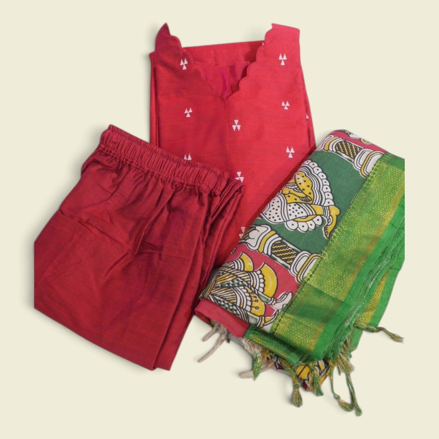 RS0023- Raw silk with Kalamkari Dupatta (Red) -3- piece set with full Linning