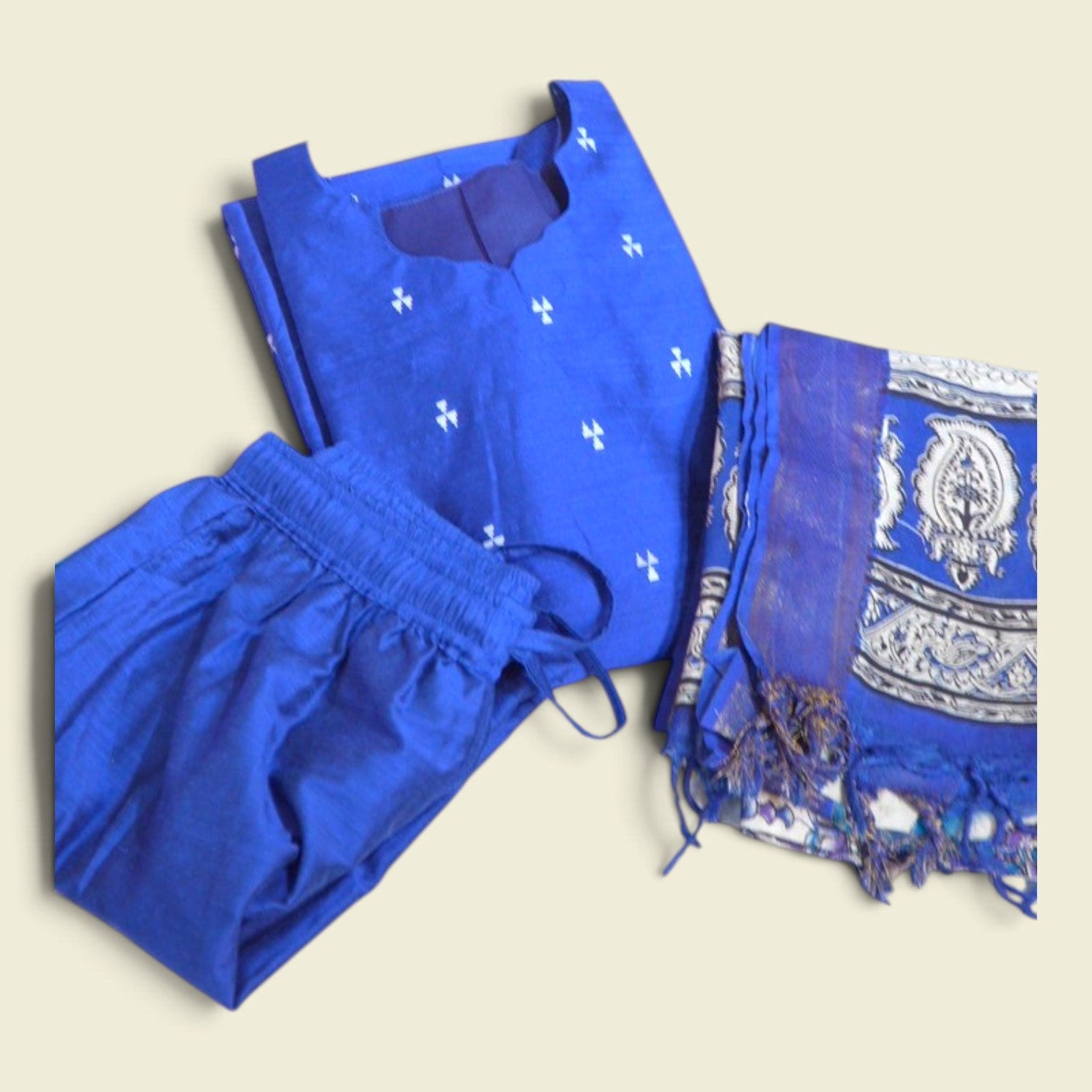 RS0026- Raw silk with Kalamkari Dupatta (Blue) -3- piece set with full Linning