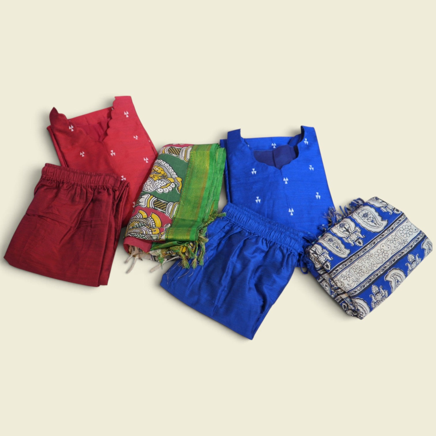 RS0026- Raw silk with Kalamkari Dupatta (Blue) -3- piece set with full Linning