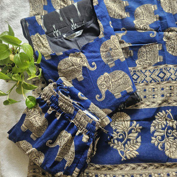 IKK0010- Ikkat Kalamkari (Black with Blue) 3- piece set