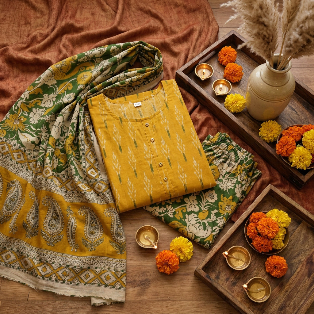IKK0038 - Ikkat Kalamkari (Yellow and Green) - 3 piece set
