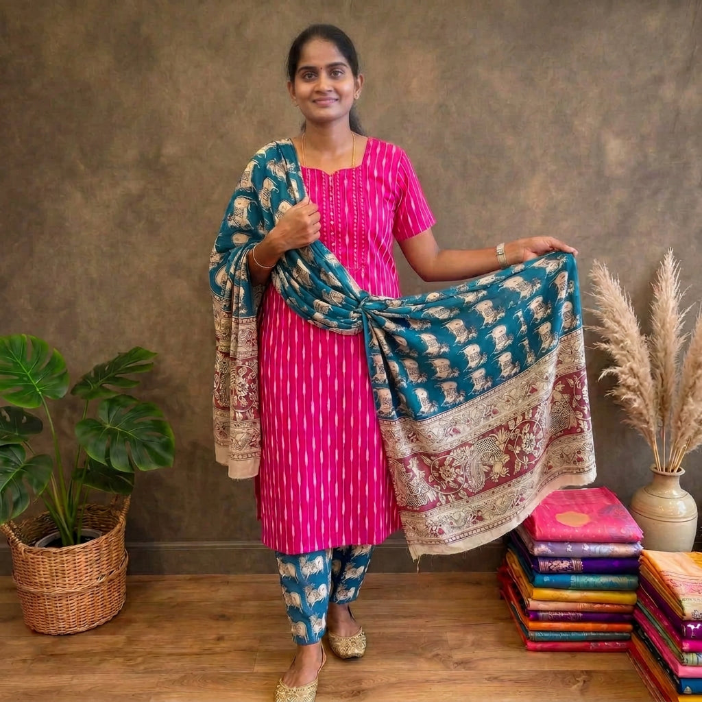 IKK0037 - Ikkat Kalamkari (Pink and Blue) - 3 piece set
