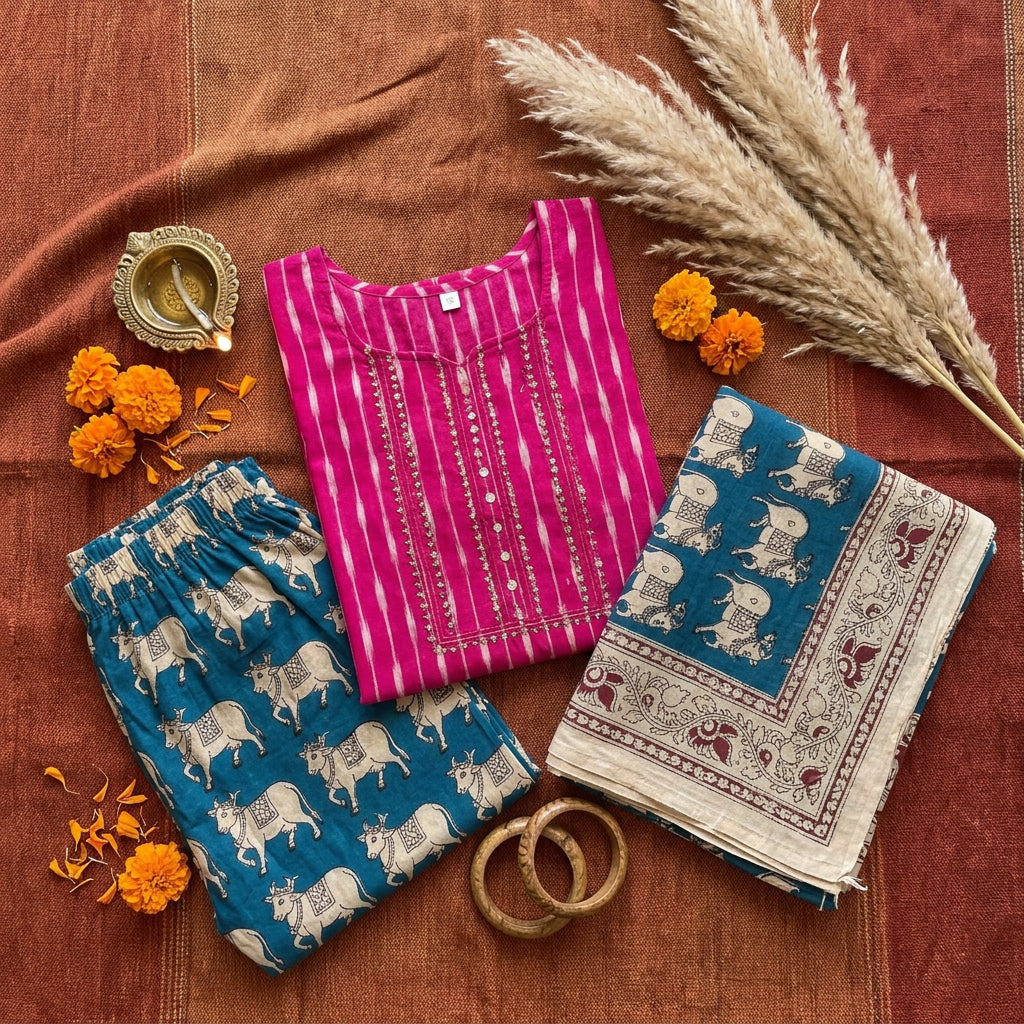 IKK0037 - Ikkat Kalamkari (Pink and Blue) - 3 piece set