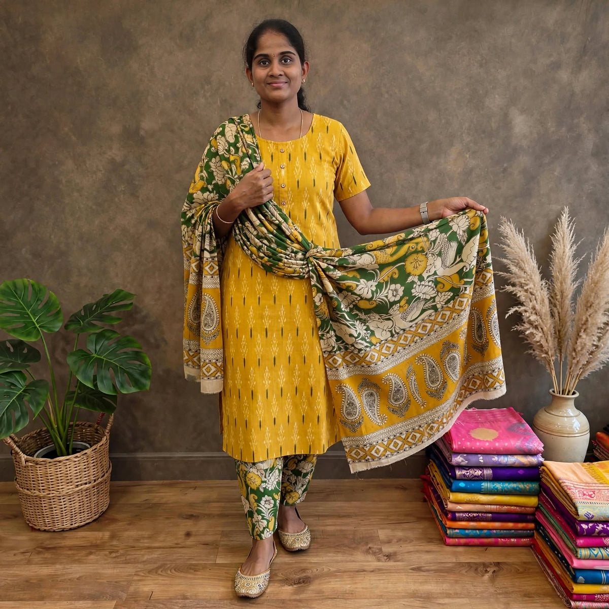 IKK0038 - Ikkat Kalamkari (Yellow and Green) - 3 piece set