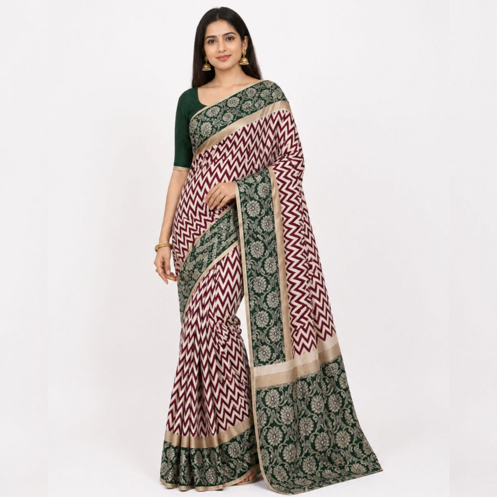 Saree0034 - Red with Green