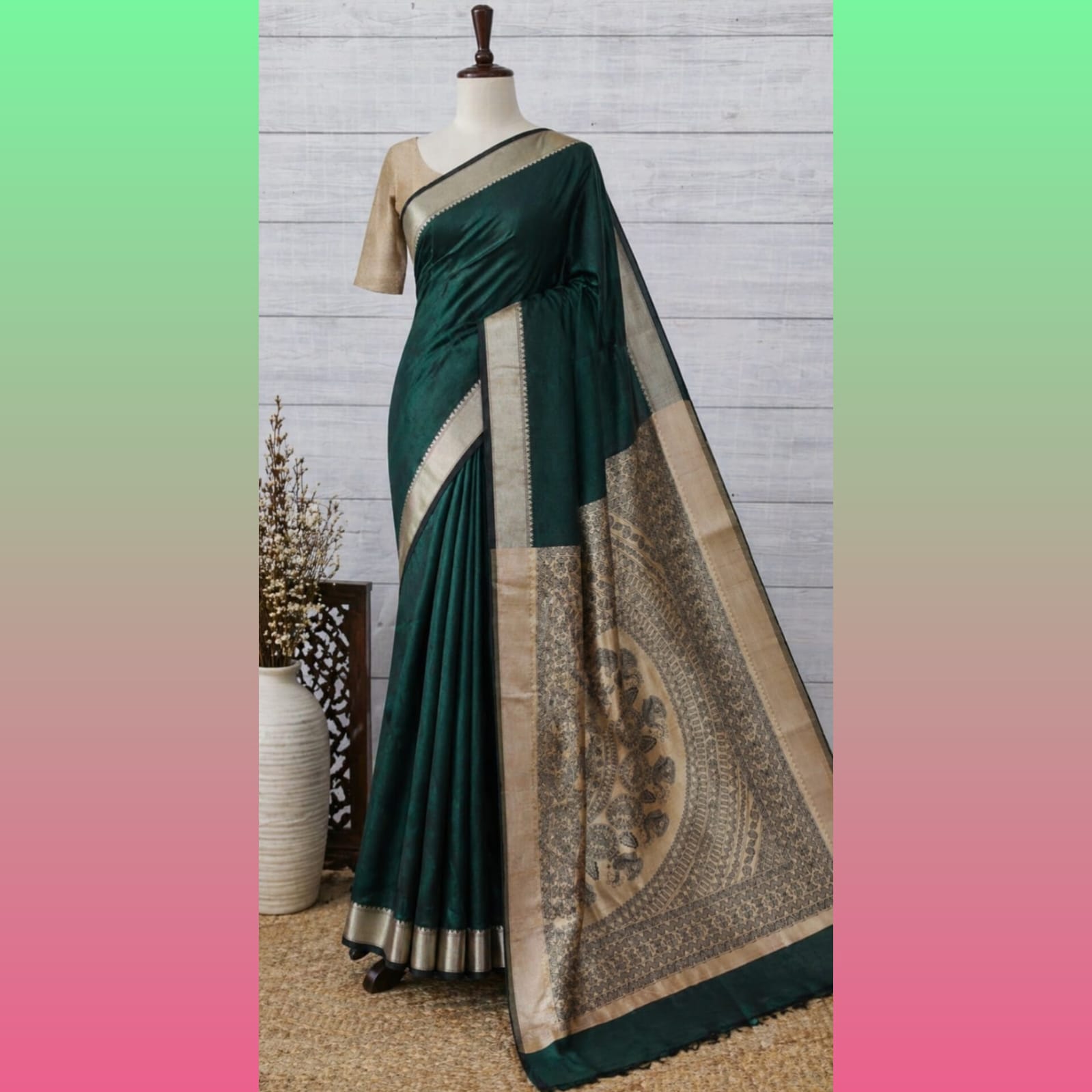 Saree0035 - Tussar silk -Bottle Green