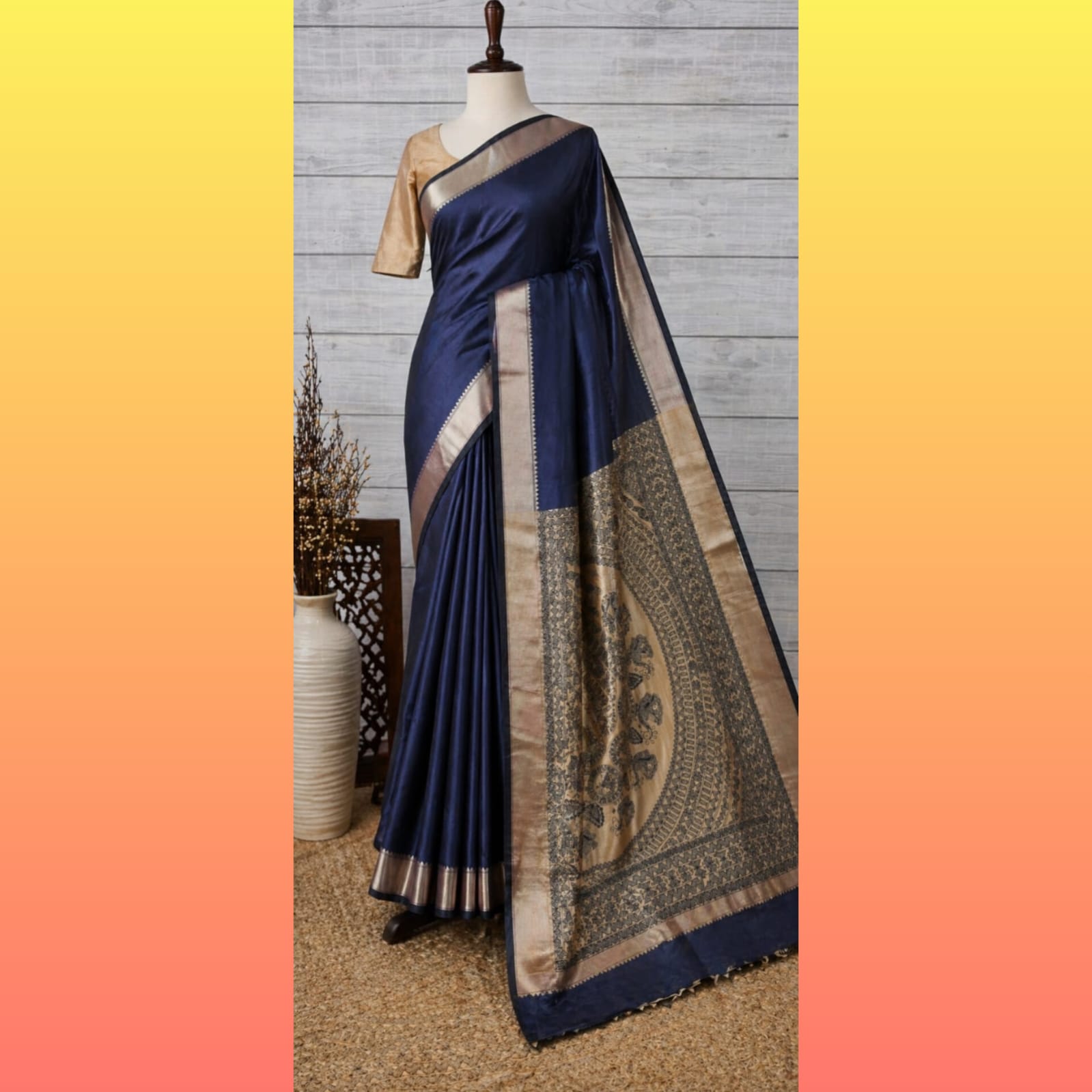 Saree0040 - Tussar silk - Navy Blue