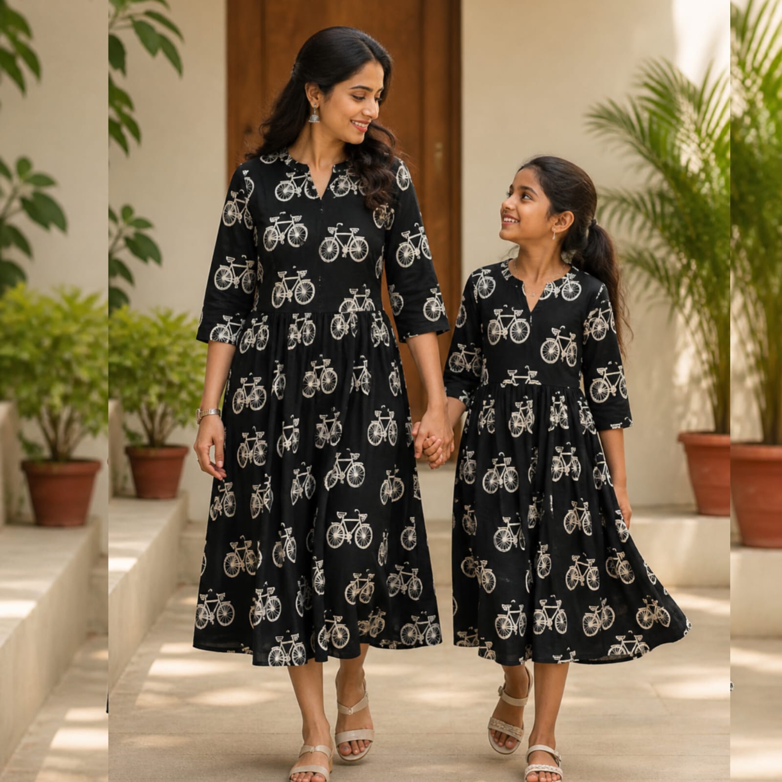 Mom & D/O combo-002- Black-Cycle print-Maxi frock