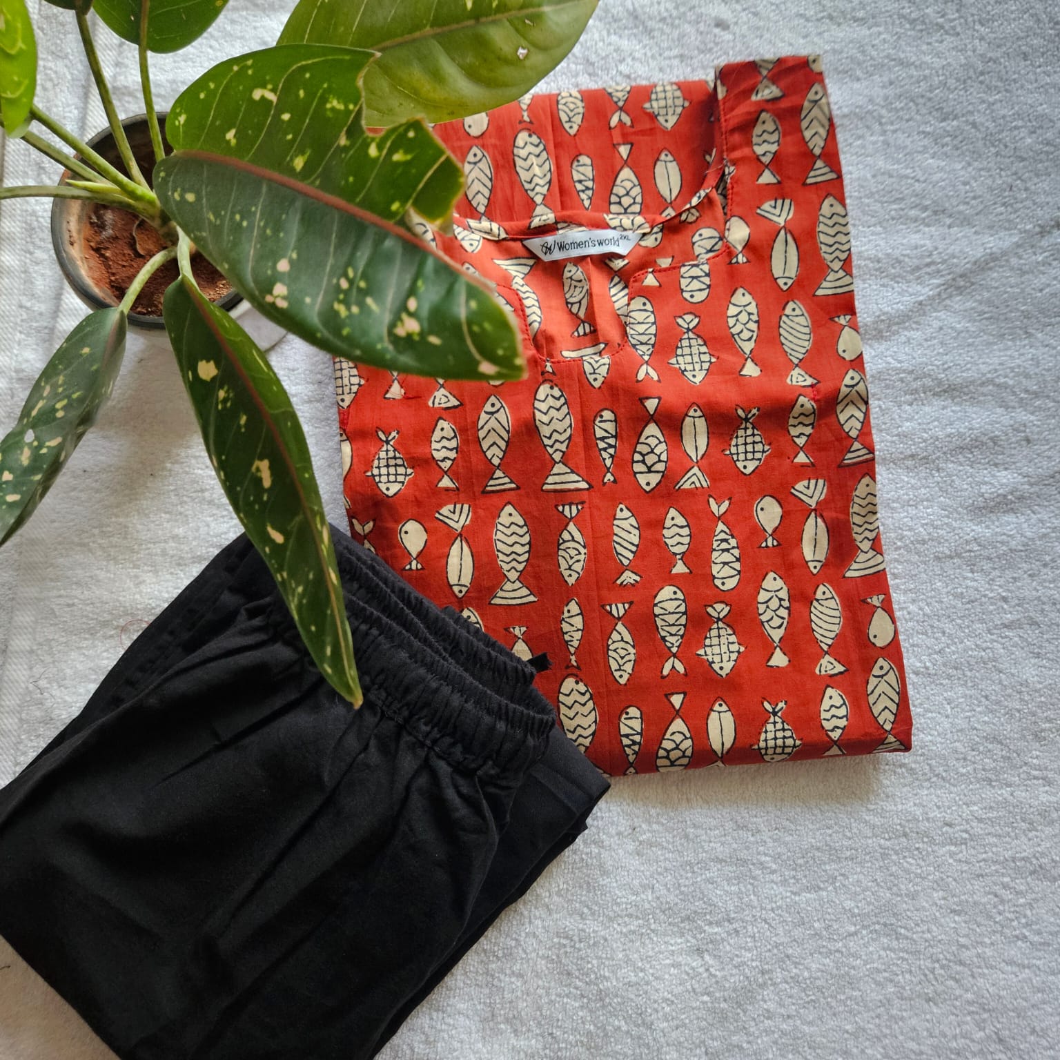 2-Piece set-JC0059-Jaipuri cotton (Red-Fish design)