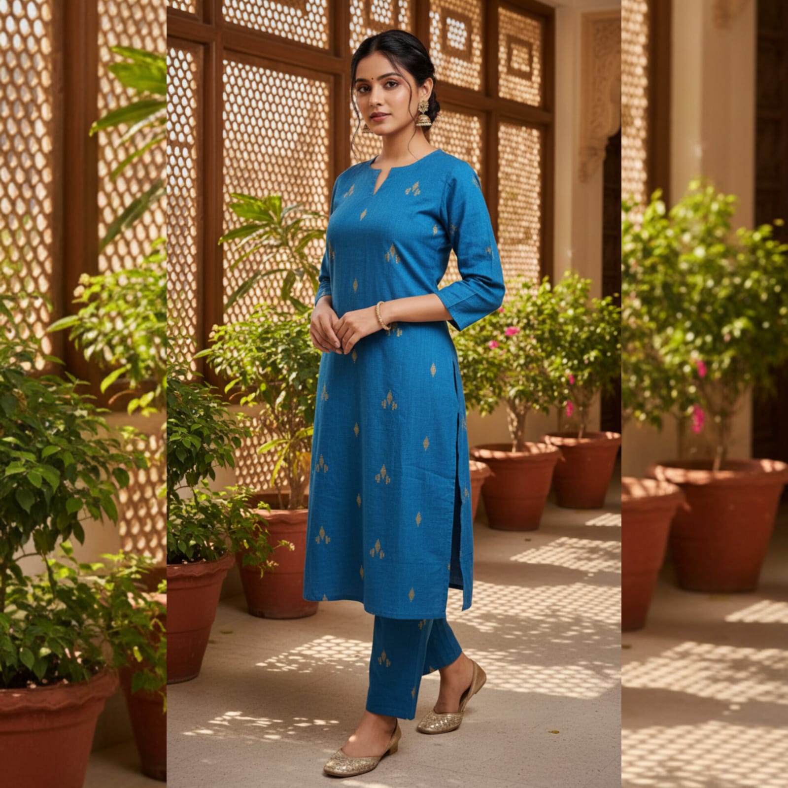 2-Piece set - KDC0001-Kadhi Cotton-Teal Blue