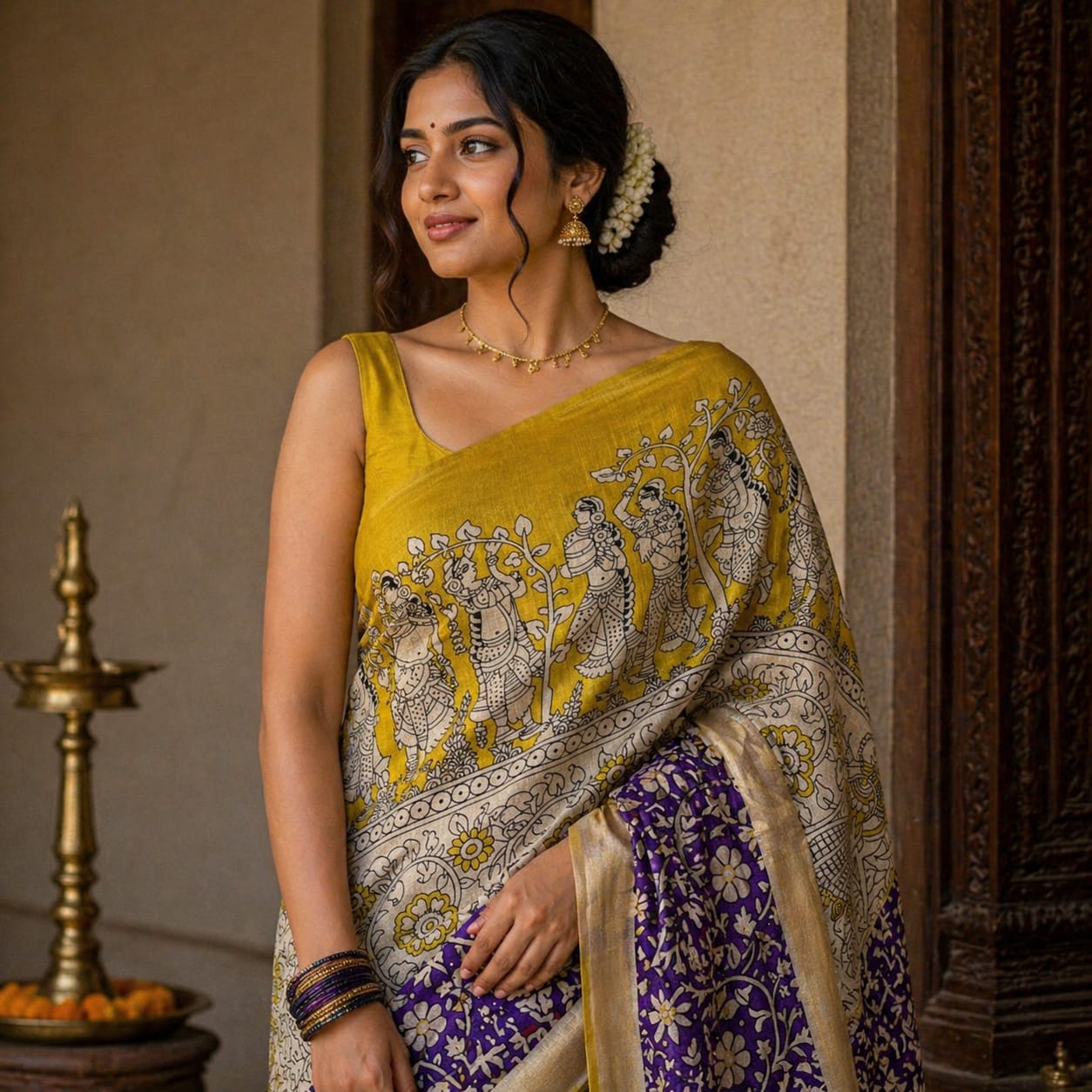 Saree0021-Kalamkari (Mustard yellow)