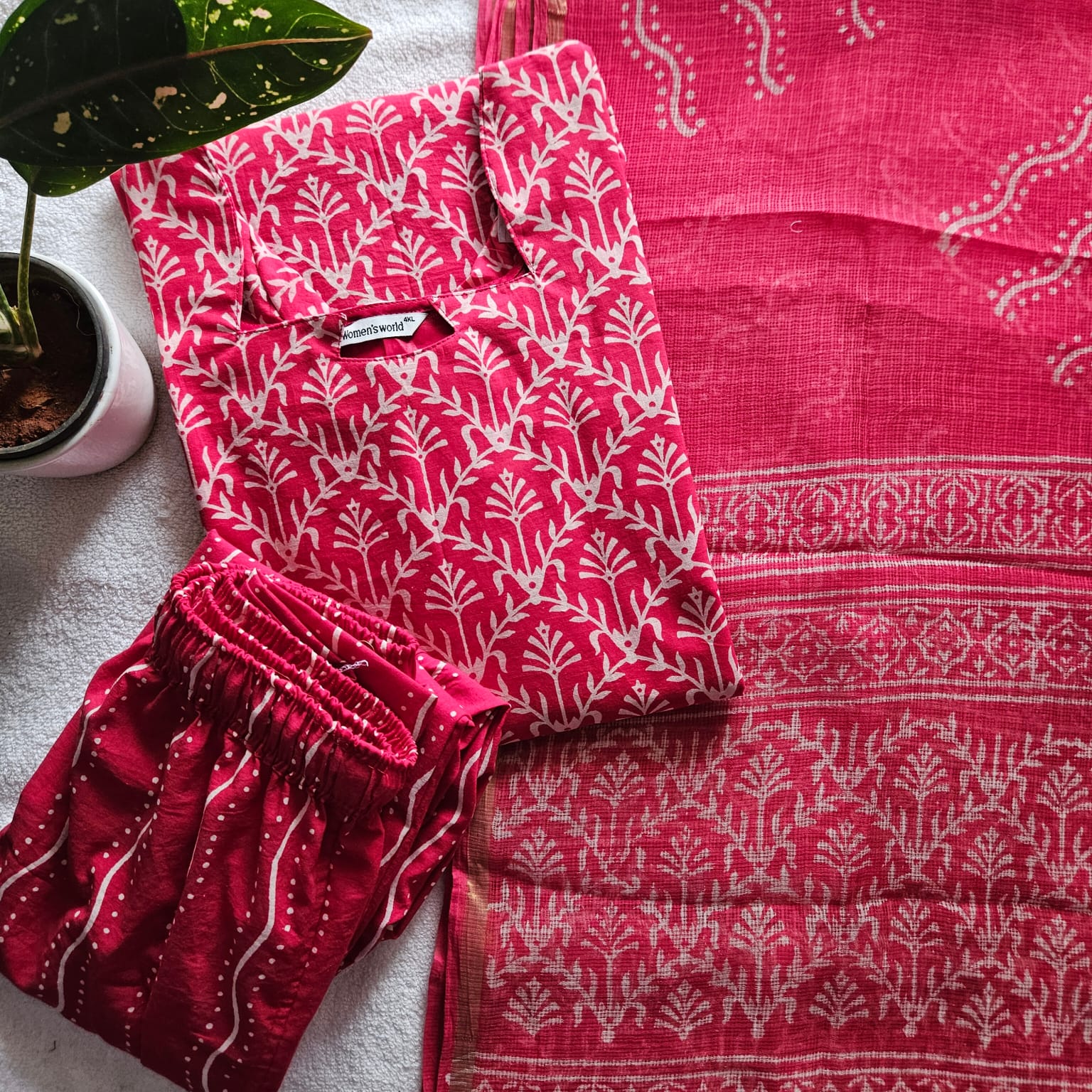 KTC010- Jaipuri cotton with Kotta Dupatta (Rani Pink) 3- piece set with