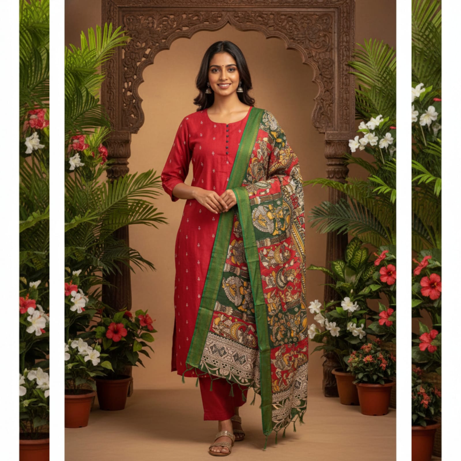 RS0023- Raw silk with Kalamkari Dupatta (Red) -3- piece set with full Linning