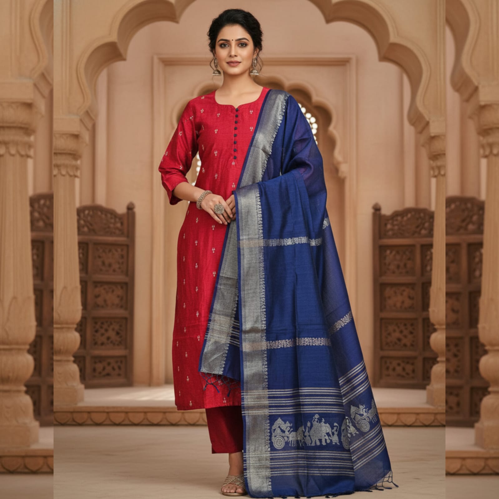 RS0022- Raw silk (Red with Navyblue) -3- piece set with full Linning