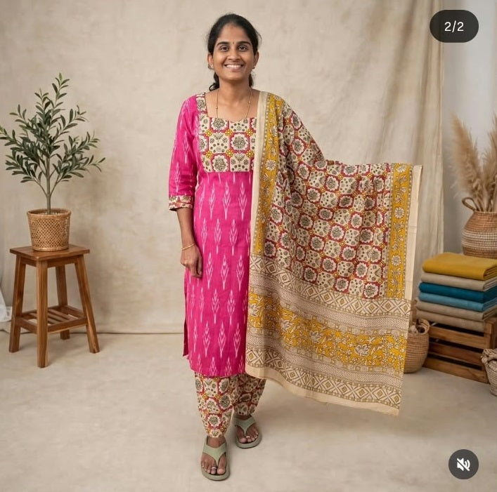 IKK0039 - Ikkat Kalamkari (Pink and Yellow) - 3 piece set
