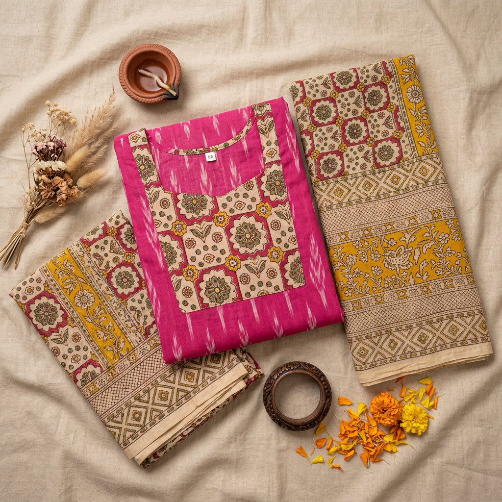 IKK0039 - Ikkat Kalamkari (Pink and Yellow) - 3 piece set
