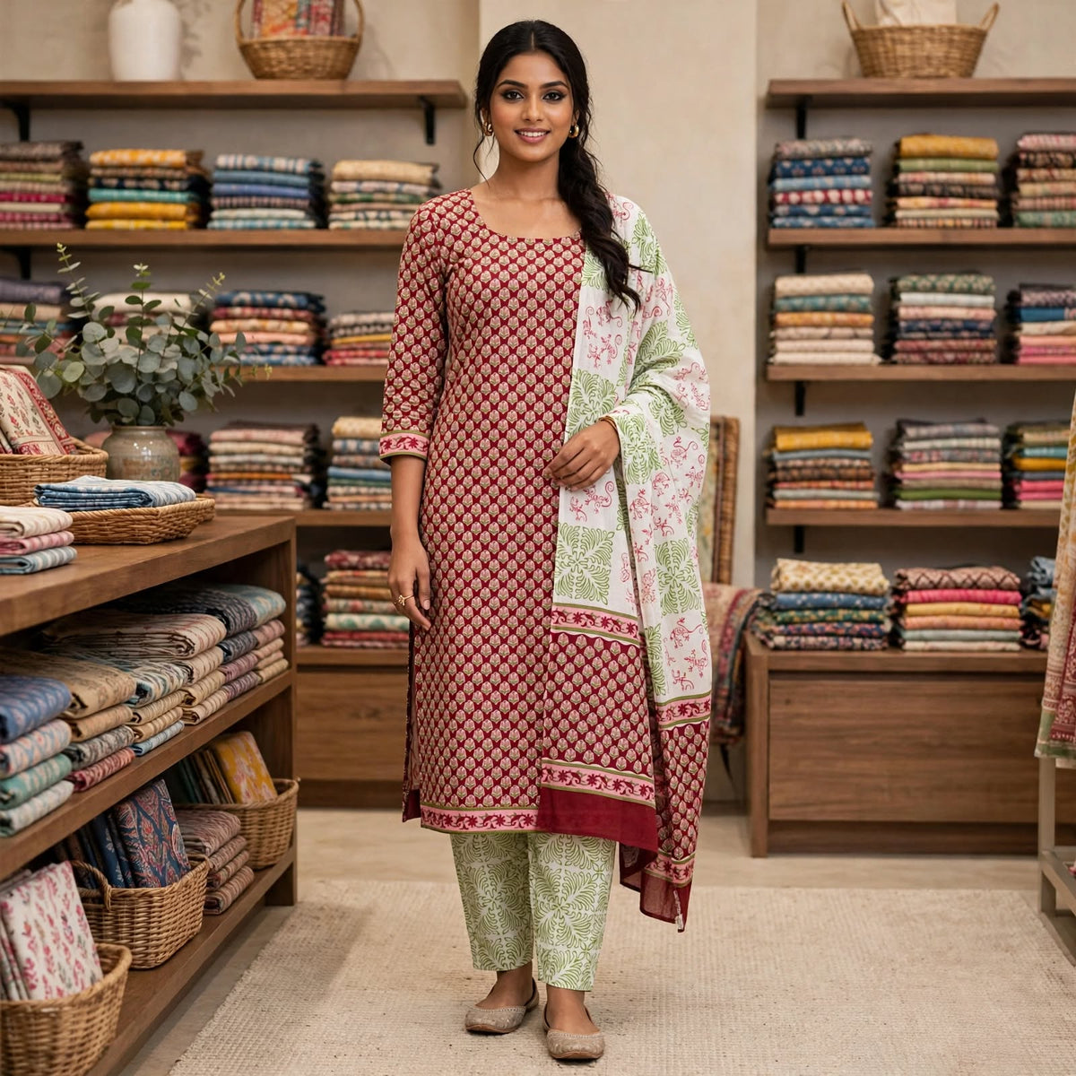 JC0182 - Jaipur Cotton - 3 Piece -  Pink and White with Green pattern