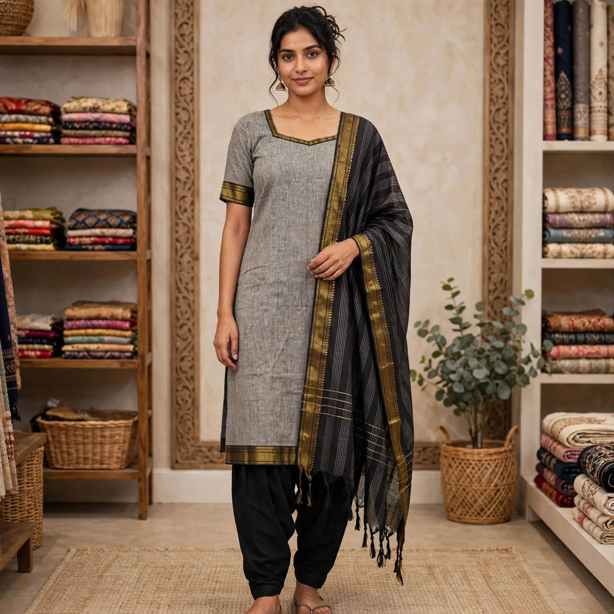 MC0006 - Mangalgiri cotton - Grey with Black
