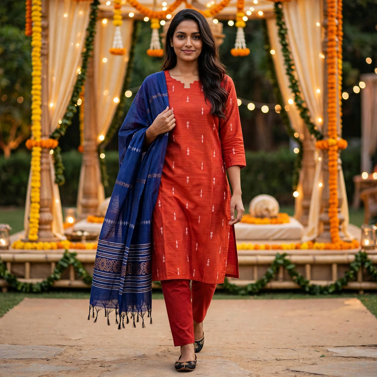 RS0022- Raw silk (Orange with Navy blue) -3- piece set with full Linning