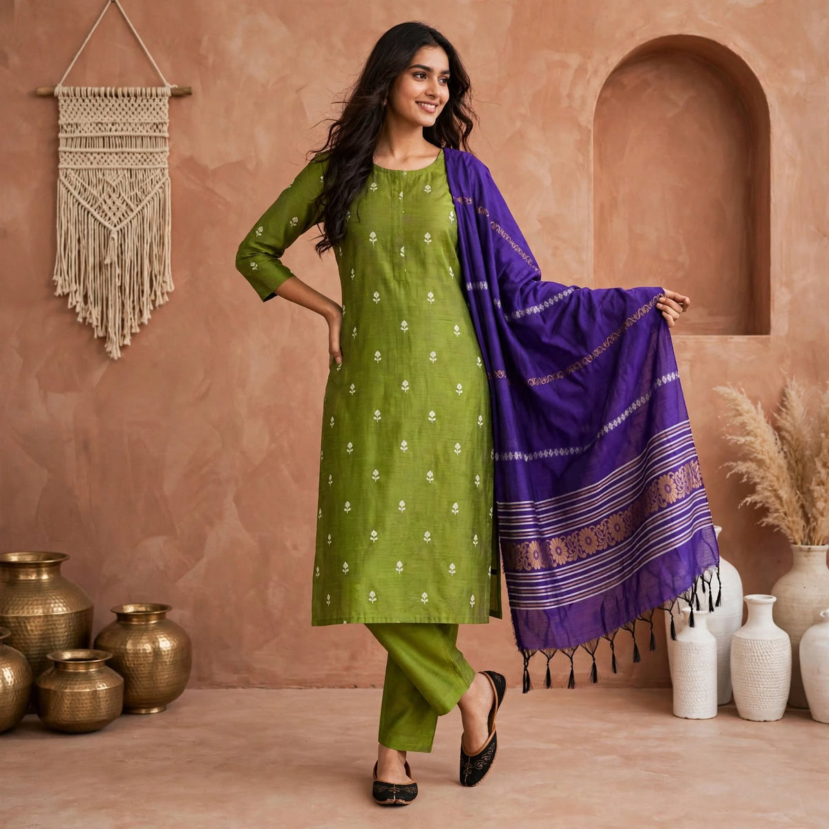 RS0029 - Raw silk (green with purple) - 3- piece set with full Lining
