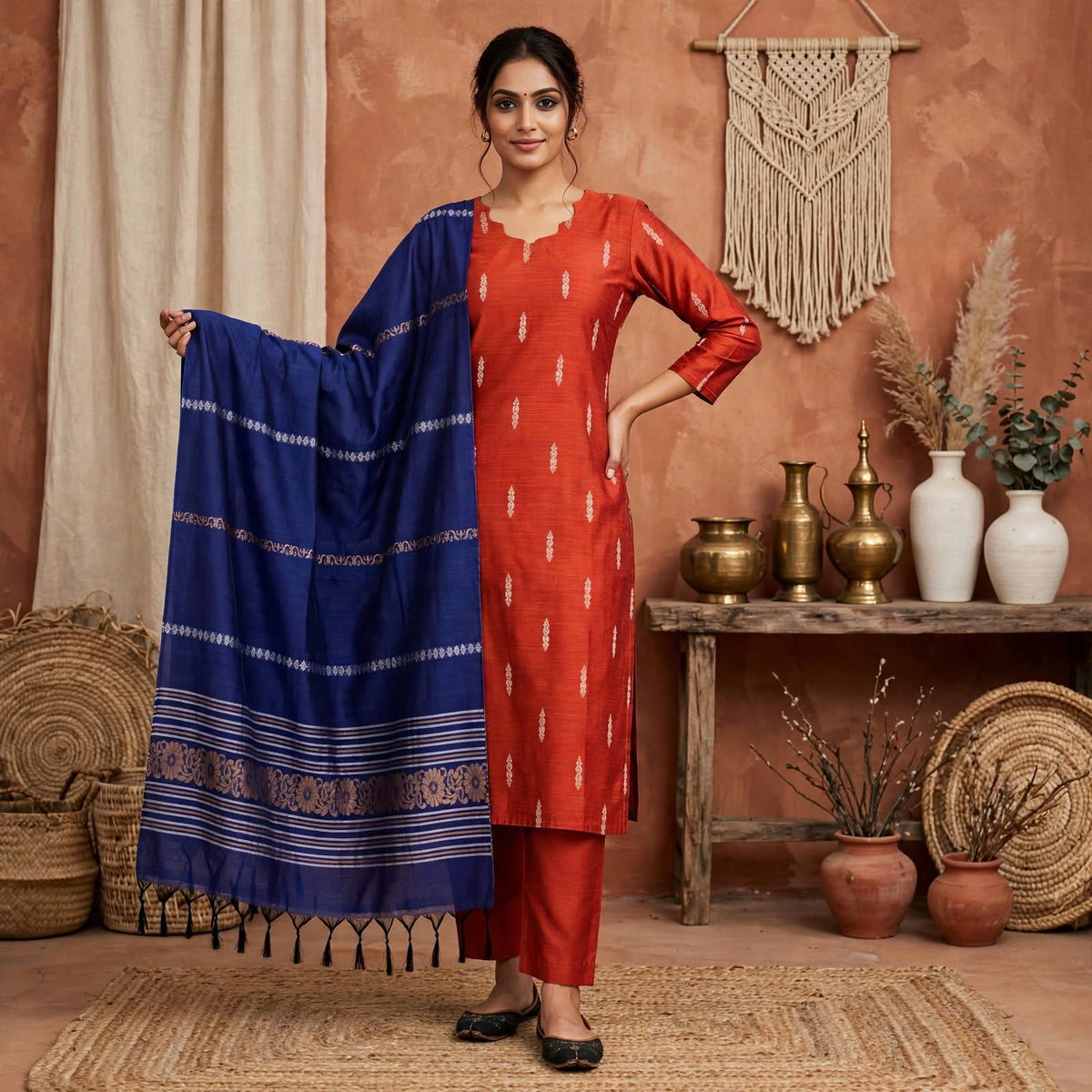 RS0022- Raw silk (Orange with Navy blue) -3- piece set with full Linning