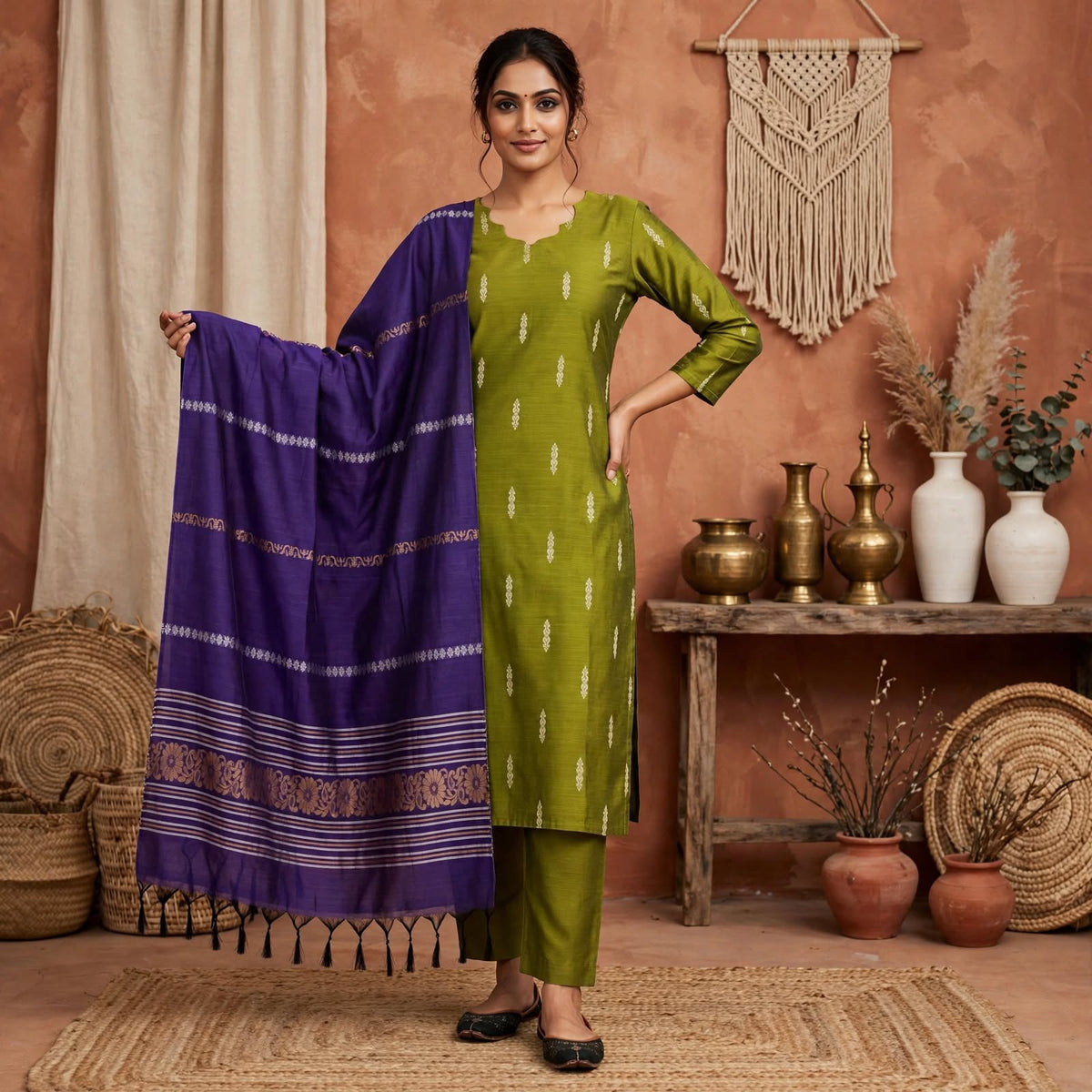 RS0029 - Raw silk (green with purple) - 3- piece set with full Lining