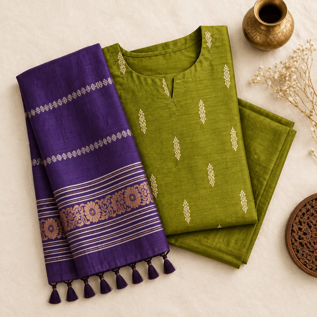 RS0029 - Raw silk (green with purple) - 3- piece set with full Lining