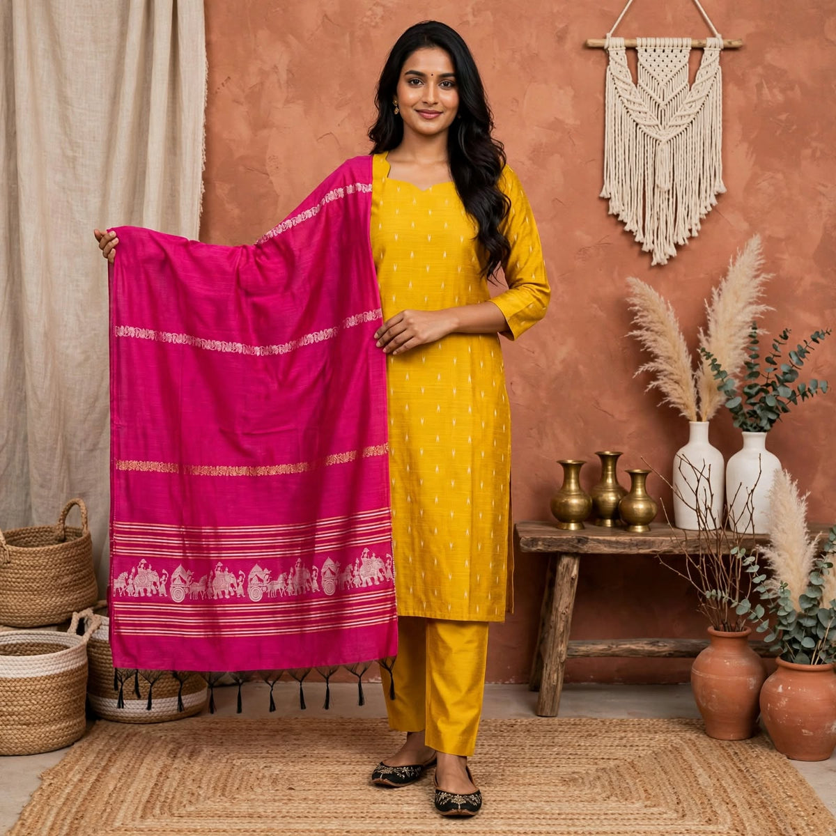 RS0030 - Raw silk (Mustard Yellow with Pink) - 3- piece set with full Lining